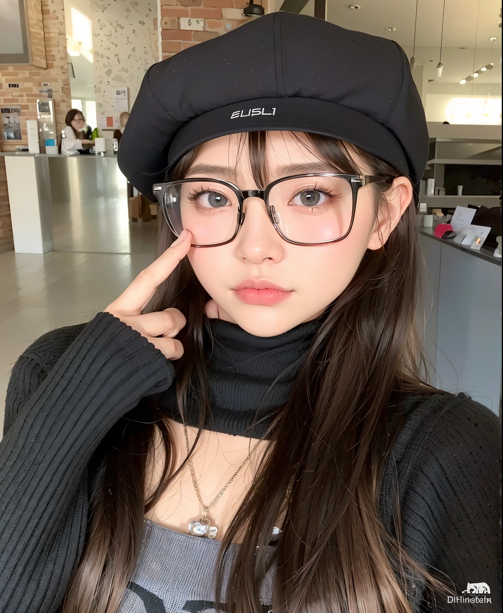a close up of a woman wearing glasses and a hat, ulzzang, with square glasses, with glasses, belle delphine, dilraba dilmurat, korean girl, wearing square glasses, with black eyeglasses, wearing thin large round glasses, wearing black frame glasses, clear lips and high quality, sakimichan, spectacled, clear cute face
