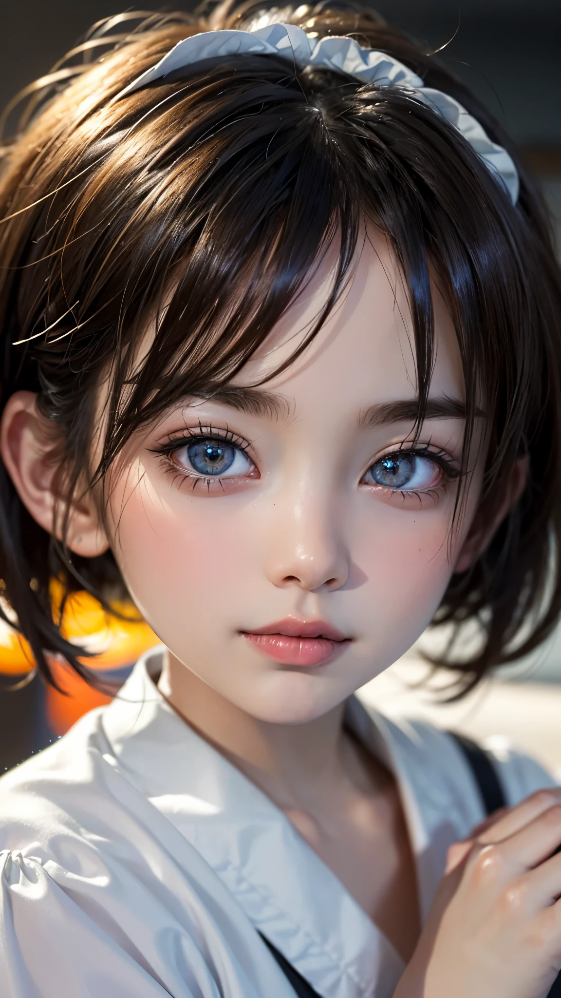 (UHD, retina, masterpiece, accurate, anatomically_correct, textured_skin, super_detail, high_details, high_quality, best_quality, high_res, 1080P, HD, 4K, 8k, 16k), (beautiful_detailed_eyes, beautiful_detailed_lips, extremely_detailed_eyes_and_face), soft_lighting, physically-based_rendering, vivid_colors, (shiny_hair, shiny_skin, tanned_skin), eye_reflection, (bangs:1.5), (splash_curl:1.2), (bokeh, bedroom), semi-profile_view, (1girl, chibi_maid, toddler girl:1.2),