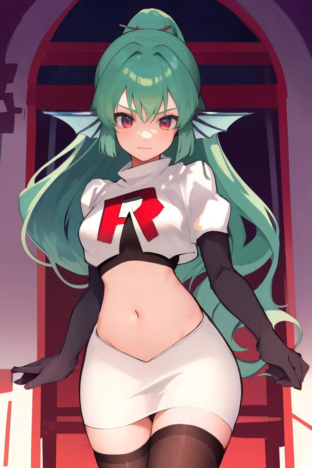 masterpiece, detailed, high quality, absurdres, finana, 1girl, solo, head fins, ponytail, green hair, navel, long hair, looking at viewer, cowboy shot, hair ornament, medium breasts, bangs, team rocket,team rocket uniform, red letter R, white skirt,white crop top,black thigh-highs, black elbow gloves,