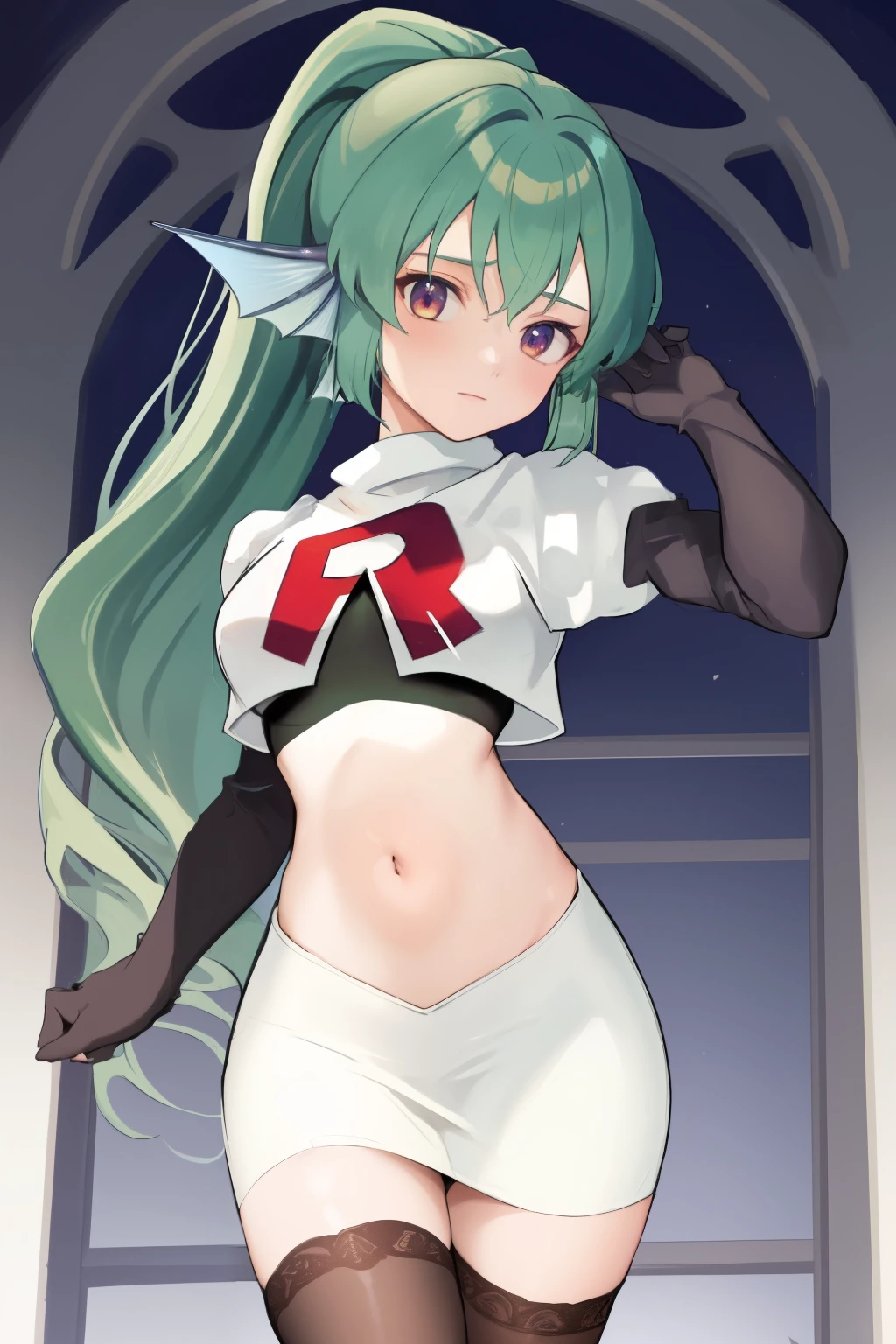 masterpiece, detailed, high quality, absurdres, finana, 1girl, solo, head fins, ponytail, green hair, navel, long hair, looking at viewer, cowboy shot, hair ornament, medium breasts, bangs, team rocket,team rocket uniform, red letter R, white skirt,white crop top,black thigh-highs, black elbow gloves,