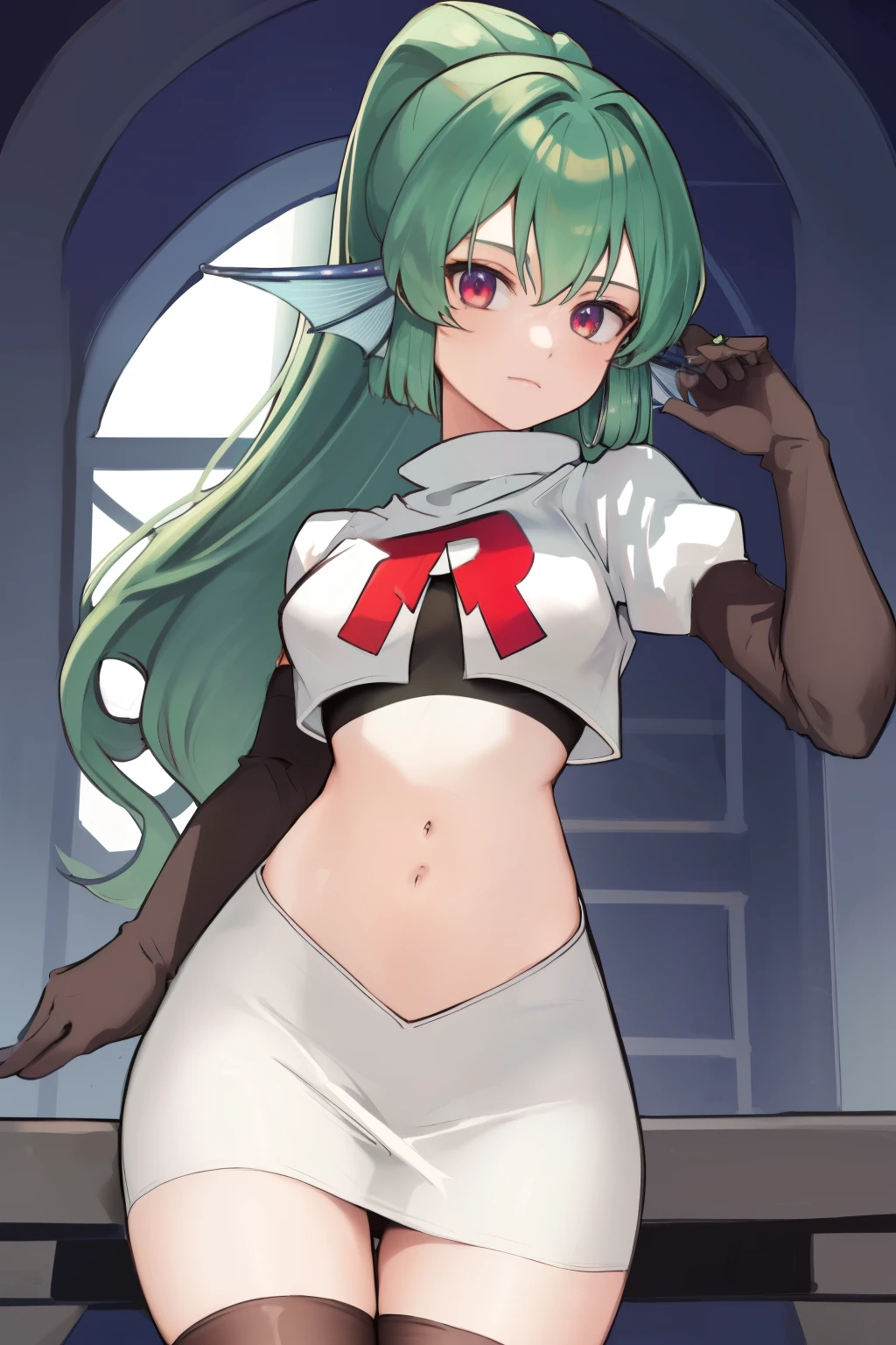 masterpiece, detailed, high quality, absurdres, finana, 1girl, solo, head fins, ponytail, green hair, navel, long hair, looking at viewer, cowboy shot, hair ornament, medium breasts, bangs, team rocket,team rocket uniform, red letter R, white skirt,white crop top,black thigh-highs, black elbow gloves,