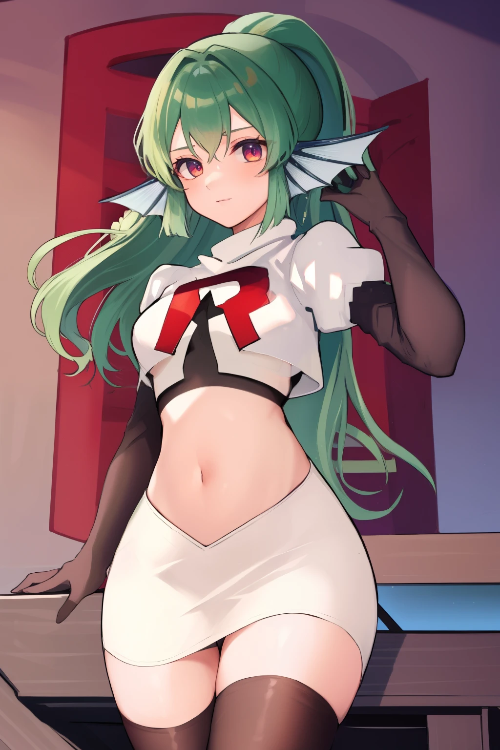 masterpiece, detailed, high quality, absurdres, finana, 1girl, solo, head fins, ponytail, green hair, navel, long hair, looking at viewer, cowboy shot, hair ornament, medium breasts, bangs, team rocket,team rocket uniform, red letter R, white skirt,white crop top,black thigh-highs, black elbow gloves,