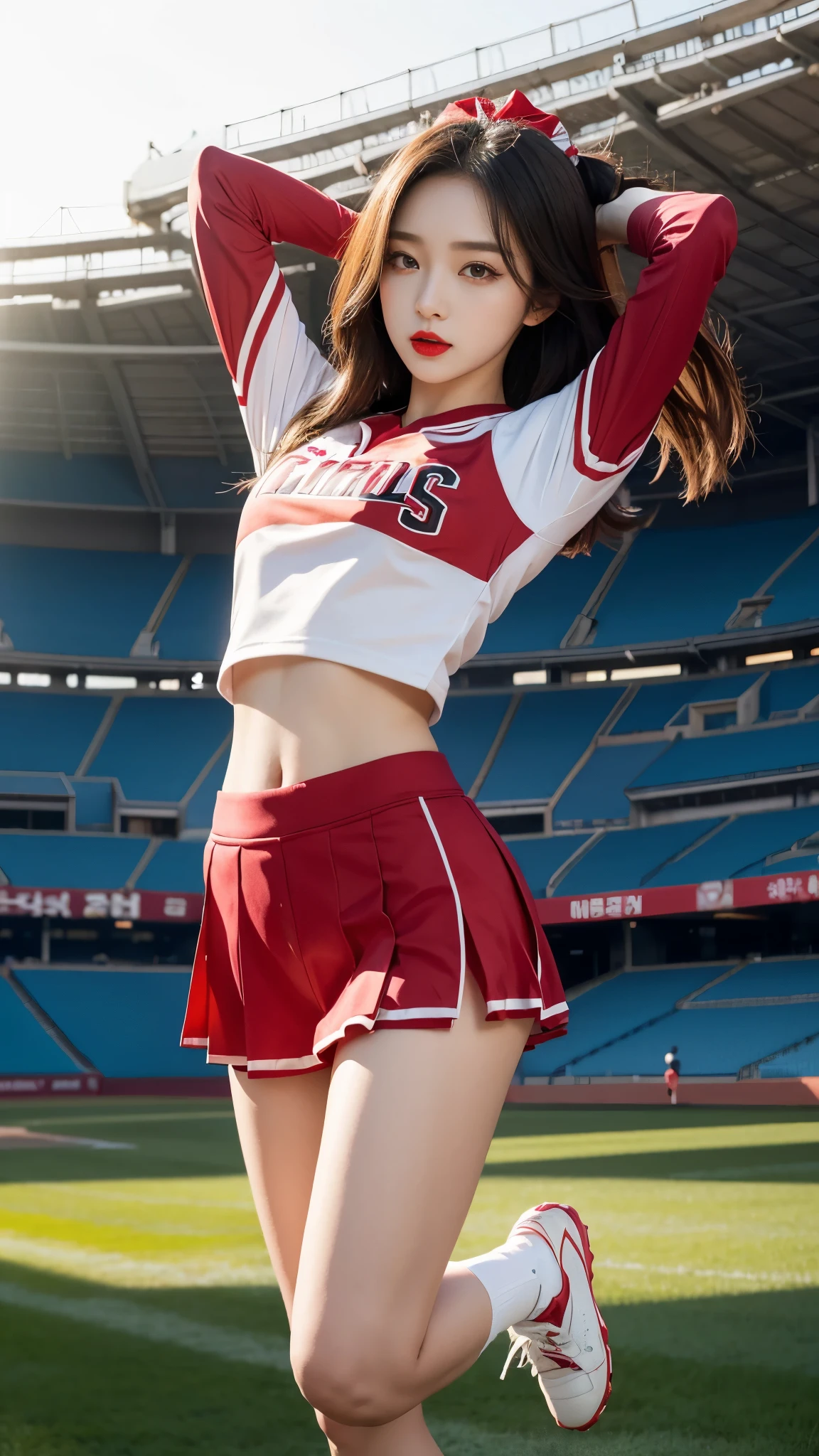 (((NSFW)))、Pubic hair grows、Smile full of happiness、((:1.3))、Cinematic Light,Panting face、Lacking、After being attacked、Sweating、Expression in a state of excitement、short-hair、Red panties seem to flicker、((1 beautiful girl)), extremely detailed CG unified 8k wallpaper, Highly detailed, RAW color photo, Professional Photography, Realistic, top-quality、hight resolution、ultra-detailliert、masterpiece、Raw photography、realisitic、Photorealsitic、extremely delicate and beautiful、finely detail、Textured skin、full-shot、(Sky from below)、1womanl、japanes、22year old、(Professional Baseball Team Cheerleading)、(Cheering seats in the stadium)、(beauitful face:1.5)、(Show me your red panties:1.2)、(Highkick:1.5)、itting open legs、Open your crotch、(Pubic hair sticking out of panties)、Cheering uniform、(a miniskirt:1.5)、tall、Brown hair、Wearing makeup、(Bare legs:1.5)、Do not wear anything on your arm、perfectly proportions、