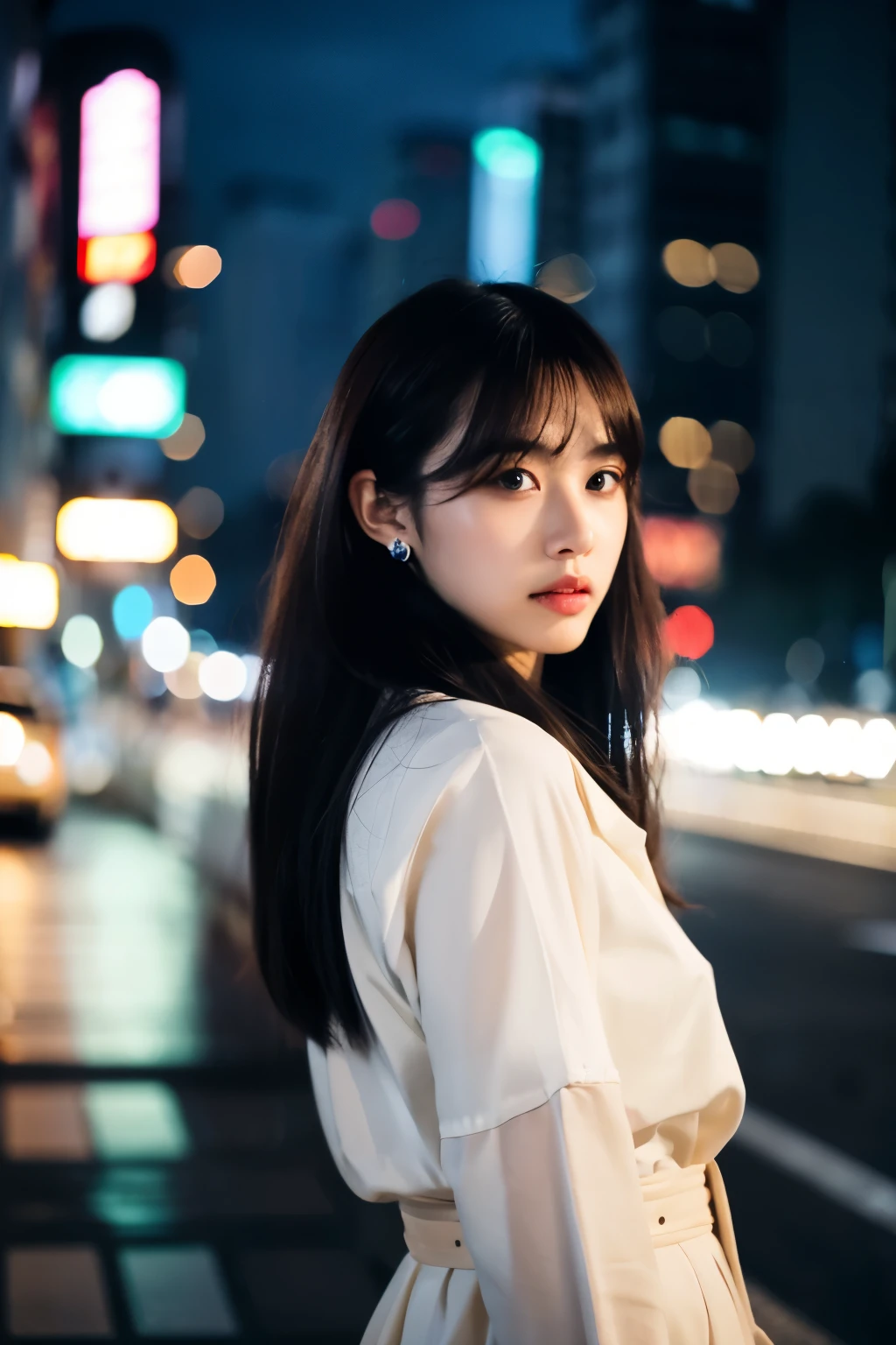 ((best quality)), ((masterpiece)), (Cinematic Aesthetic:1.4) Photo of a beautiful korean fashion model bokeh city night
