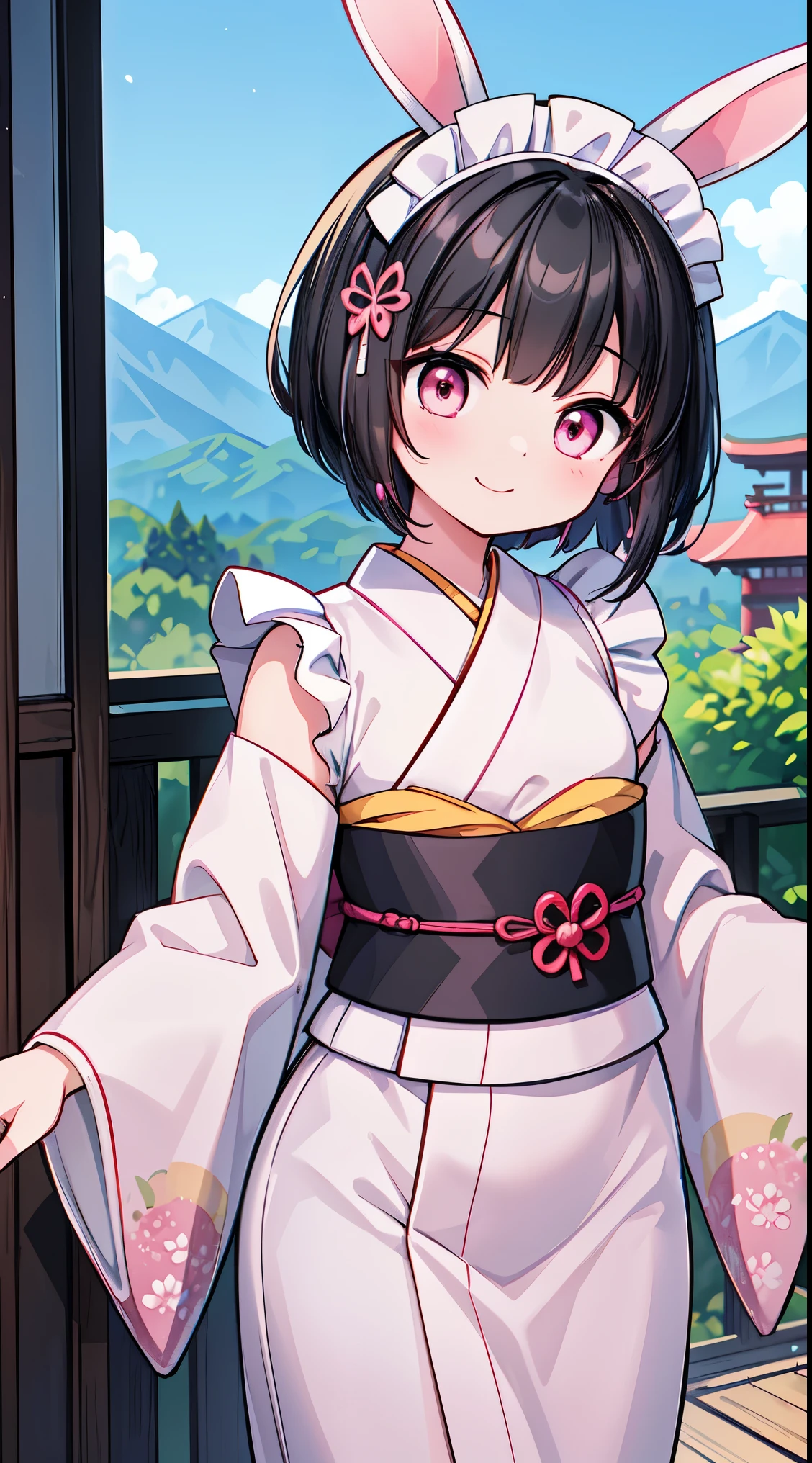 (masterpiece, top quality, best quality, official art, beautiful and aesthetic:1.2),ultra-detailed,intricate details,amazing illustration,award-winning art,atmospheric, 
BREAK,  1 beautiful horny girl,alone,(cute type:1.5),(Chibi:0.8),(cute type:1.5),(change:0.5),(horny girl, cute, full of energy, change face,slightly swollen chest),(black hair, messy short bob, story me, pink eyes:1.55 ),(full of energy, goofy smile, bad face:1.2),(white bunny ears headband:1.2), break, (Japanese kimono:1.35),kimono, ultra detailed texture kimono, rainbow paint kimono, paint bulb, paint drop,(finger nails:1.2),(hair ornaments, earrings, hair ornaments), BREAK , (maid costume:1.4),

BREAK , furisode, obi, sash, (kimono), (Japanese-style hair-ornament), tabi, zouri, long hems, standing, (spread arms:1.2),symmetrical, feet focus, head tilt, smile, BREAK, background, the sun is beginning to rise behind a mountain, outdoors, BREAK,wakame,wakame,wakame,(Cowboy Shot:1.4),

BREAK,(Blurry background:1.3),(absurderes, hight resolution, Super Detail Art),cel shading,Clear Color, Lonely optical effect, Beautiful pictures, Bright glow, mystic atmosphere,(Close-up of girl:1.1), Mystical light particle effect,manga influence, clean line drawings,