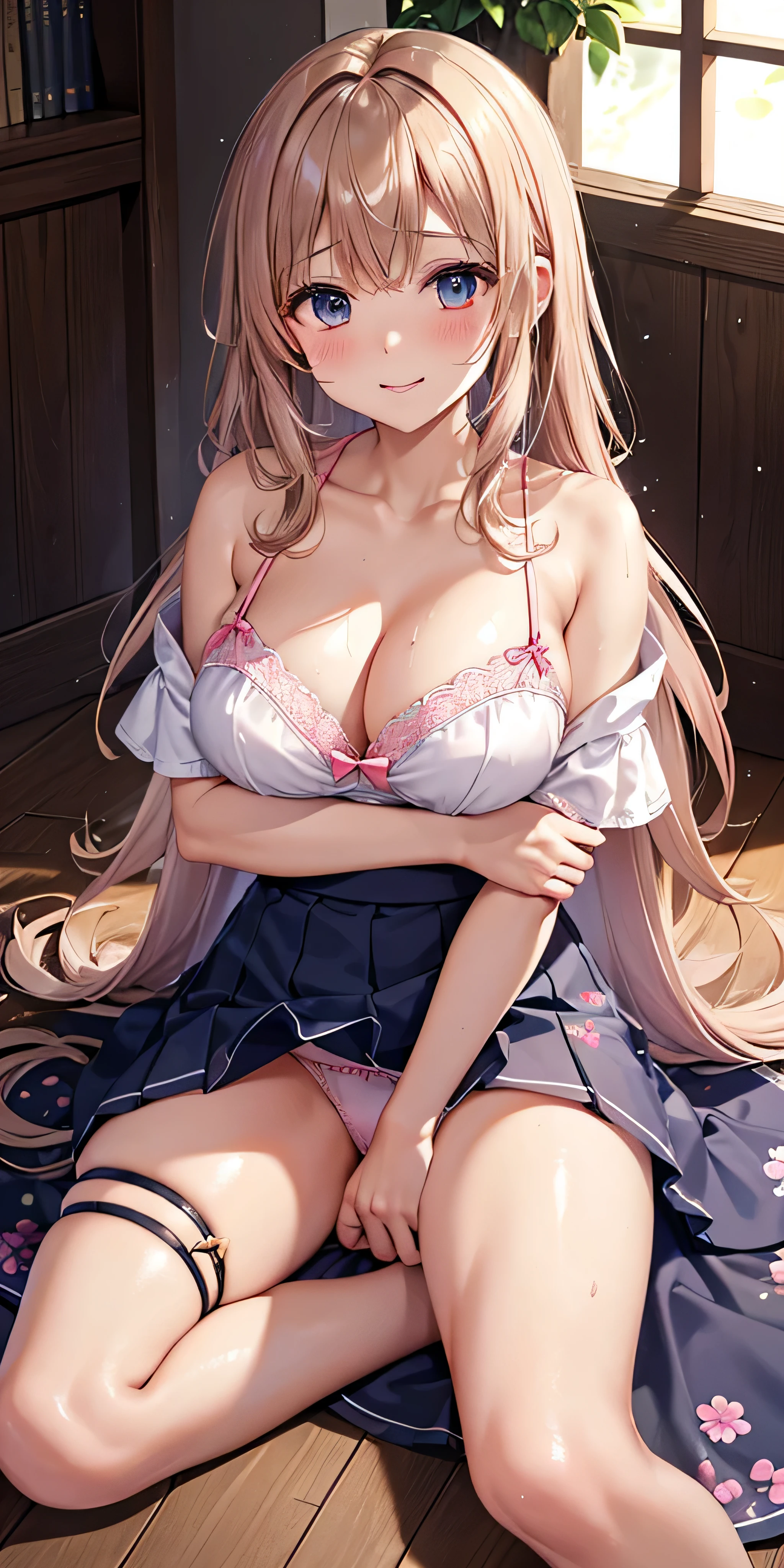 table top, highest quality, Highly detailed CG Unity 8K wallpaper, sexy witch , long dark blonde wavy hair、off shoulder knit, dark blue pleated skirt, medium sized breasts, saggy breasts, , blush, shy smile、shy smile、 (white pink floral panties、、Bra with pink floral pattern on a white background、show panties、(open your legs wide、wet chest and crotch、Massage your chest with both hands)、)high heels、nice magic book、Castle Church、、Sit on the floor、、