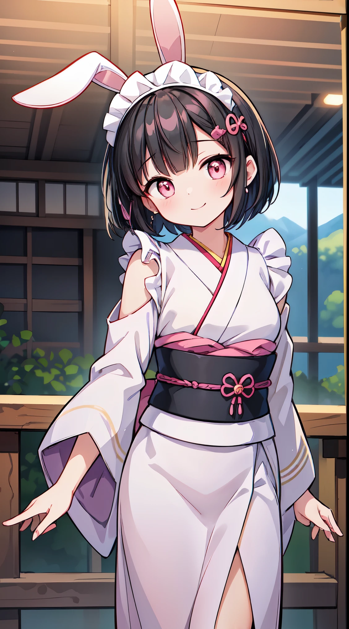 (masterpiece, top quality, best quality, official art, beautiful and aesthetic:1.2),ultra-detailed,intricate details,amazing illustration,award-winning art,atmospheric,
BREAK, 1 beautiful horny girl,alone,(cute type:1.5),(Chibi:0.8),(cute type:1.5),(change:0.5),(horny girl, cute, full of energy, change face,slightly swollen chest),(black hair, messy short bob, story me, pink eyes:1.55 ),(full of energy, goofy smile, bad face:1.2),(white bunny ears headband:1.2), break, (Japanese kimono:1.35),kimono, ultra detailed texture kimono, rainbow paint kimono, paint bulb, paint drop,(finger nails:1.2),(hair ornaments, earrings, hair ornaments), BREAK , (maid costume:1.4),
BREAK , furisode, obi, sash, (kimono), (Japanese-style hair-ornament), tabi, zouri, long hems, standing, (spread arms:1.2),symmetrical, feet focus, head tilt, smile, BREAK, background, the sun is beginning to rise behind a mountain, outdoors, BREAK,wakame,wakame,wakame,(Cowboy Shot:1.4),
BREAK,(Blurry background:1.3),(absurderes, hight resolution, Super Detail Art),cel shading,Clear Color, Lonely optical effect, Beautiful pictures, Bright glow, mystic atmosphere,(Close-up of girl:1.1), Mystical light particle effect,manga influence, clean line drawings,