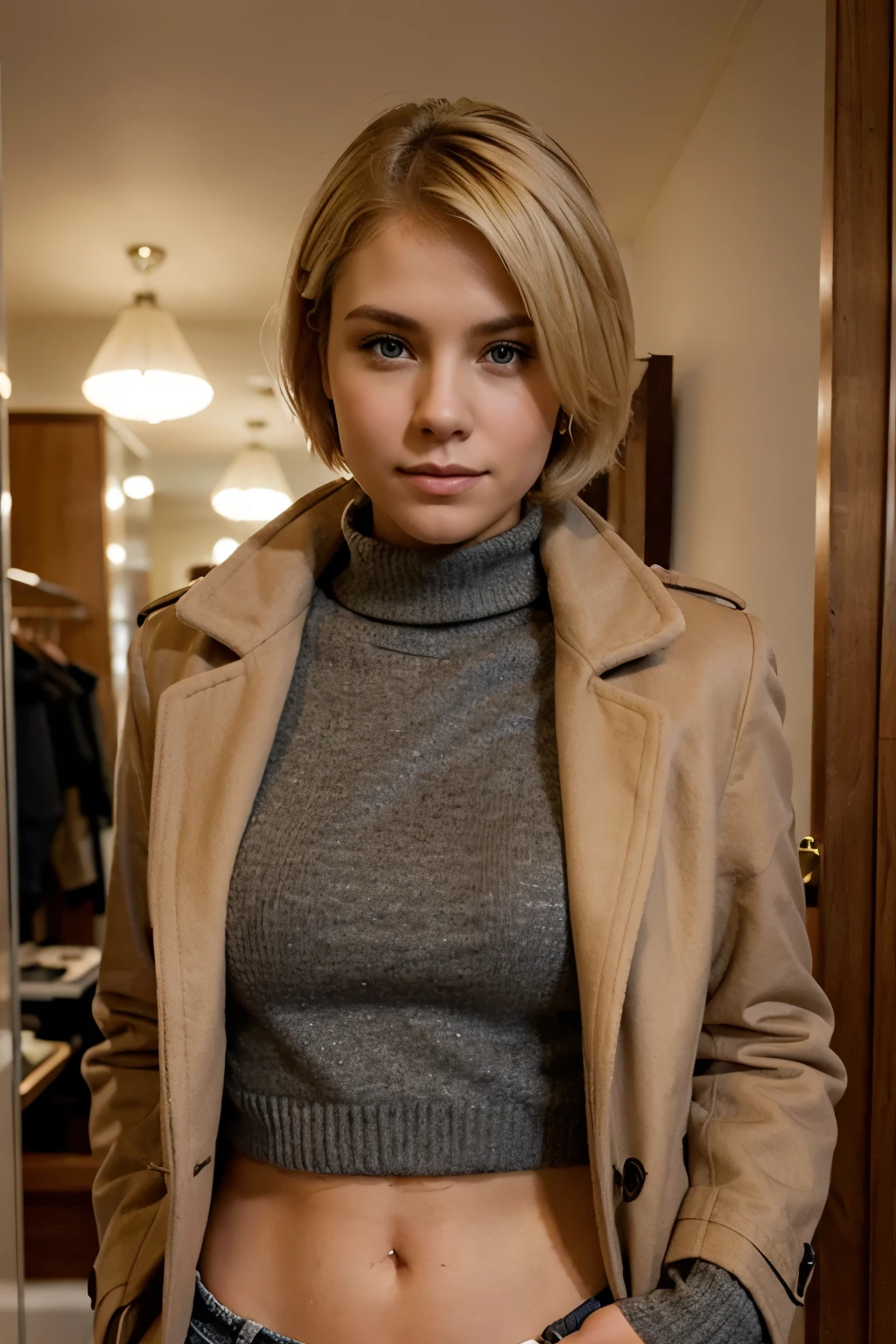 self confident young woman with short blond hair with coat doggy style