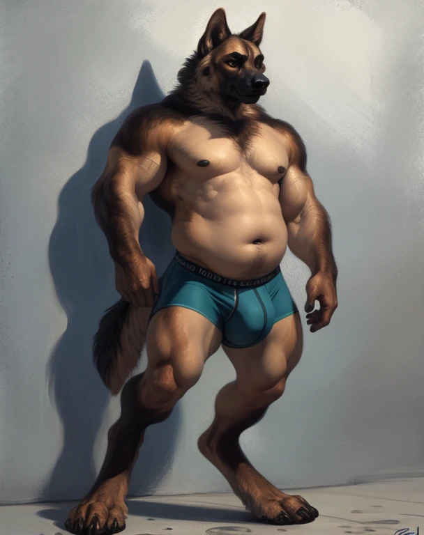 solo, anthro (german shepherd), male, (muscular:1.5), chubby, belly, photorealistic, hyperrealistic, ultra detailed, natural pose, standing, by personalami, by honovy, by thebigslick, by taran fiddler, by pixelsketcher, anthro hands, fluffy tail, bulge, nipples, (oily:1.3), concrete wall background, detailed eyes:1.8), (bulky:1.5), white underwear, briefs, big bulge 
