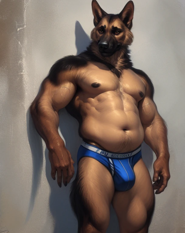 solo, anthro (german shepherd), male, (muscular:1.5), chubby, belly, photorealistic, hyperrealistic, ultra detailed, natural pose, standing, by personalami, by honovy, by thebigslick, by taran fiddler, by pixelsketcher, anthro hands, fluffy tail, bulge, nipples, (oily:1.3), concrete wall background, detailed eyes:1.8), (bulky:1.5), white underwear, briefs, big bulge