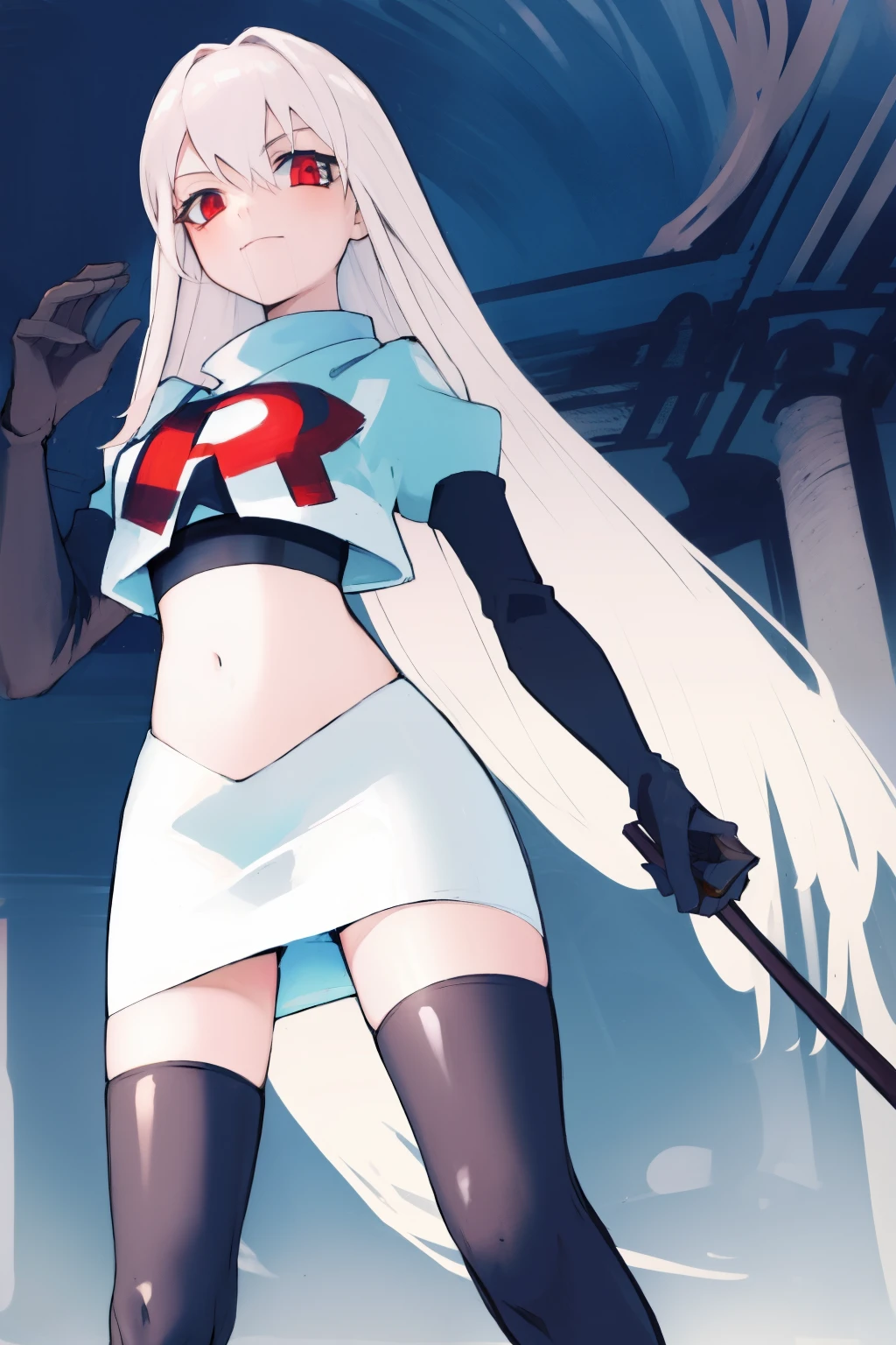 Masterpiece, Detailed, High quality, (absurdist), High Sharpness, High resolution, maiddoll, 1girls, Solo, team rocket,team rocket uniform, red letter R, white skirt,white crop top,black thigh-highs, black elbow gloves,
