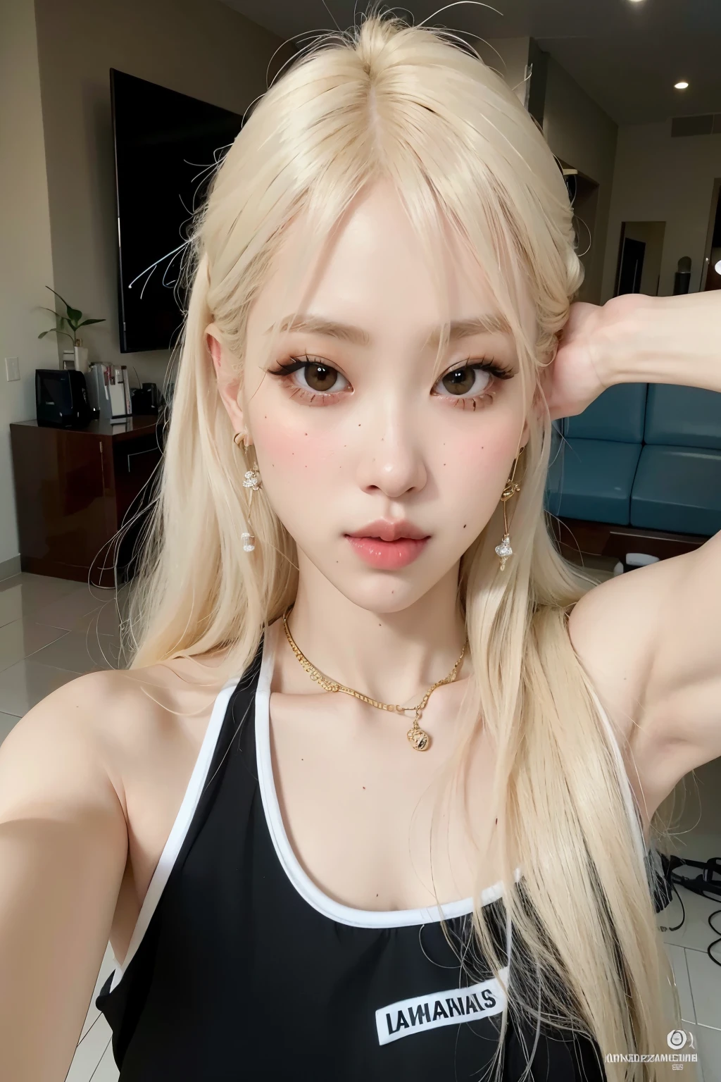 un primer plano de una mujer con cabello rubio vistiendo un top negro, Lalisa Manobal, peinado de corte hime blanco, ulzzang, very very pale blonde hair, pelo largo y rubio y ojos grandes, pelo largo y blanco y flequillo, con el pelo largo y blanco, con pelo largo y blanco, extremely pale blonde hair, chica perfecta de pelo blanco, Pale fur, muchacha coreana