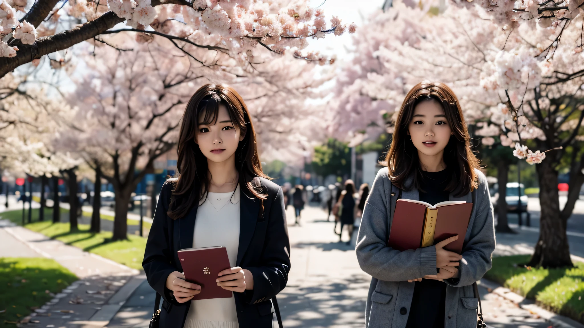 beaultiful girl, walking with books in hand on university streets, library nearby, upper body shot, falling leaves and cherry blossom petals