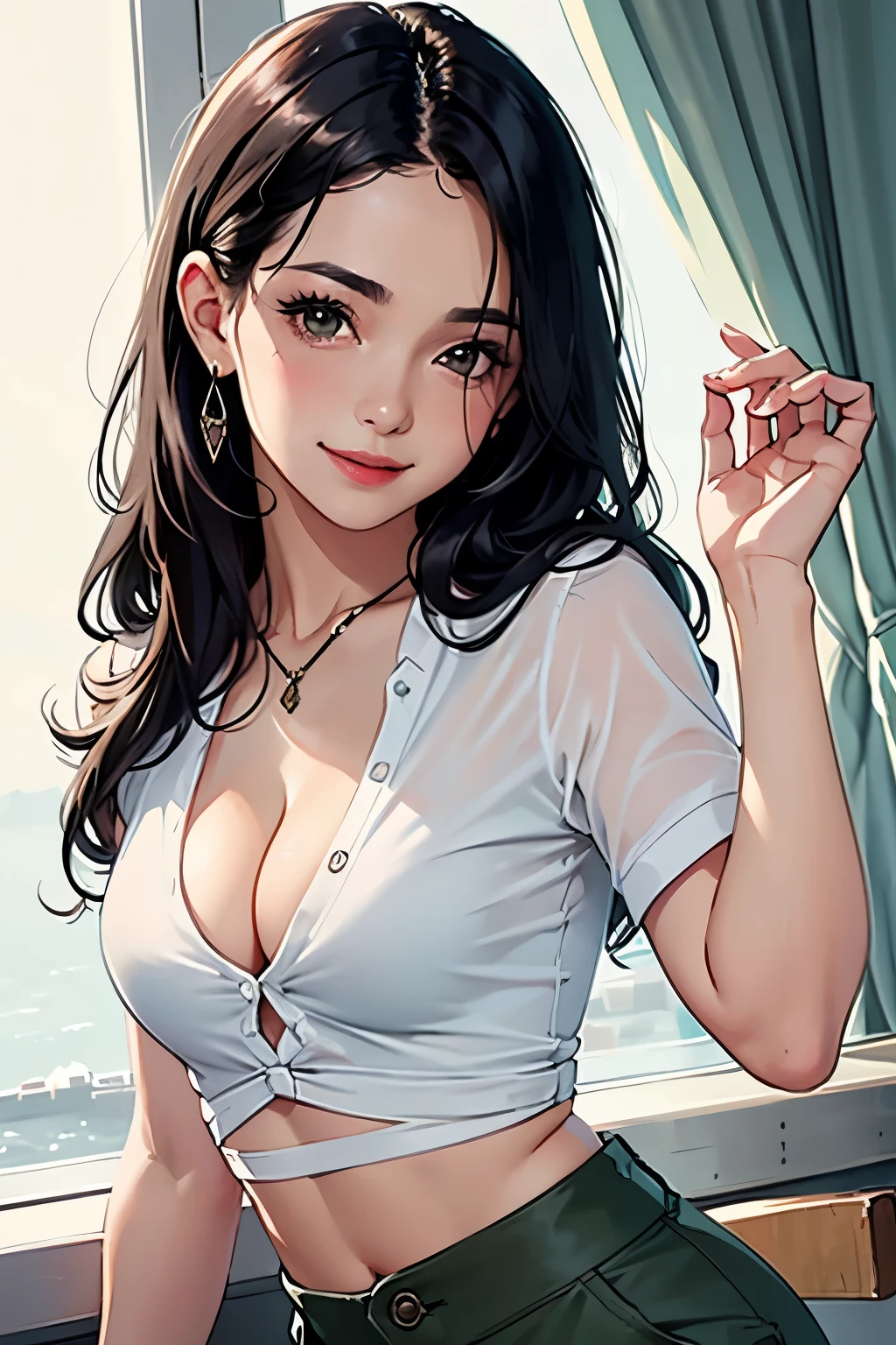Amazing portrait of a sexy woman wearing her long straight luscious black hair, seductively gazing and smiling, soft lips, parted, blushing intensely, smiling, olive green crop top, white cargo pants, white shirt, medium chest, cleavage, perfect body