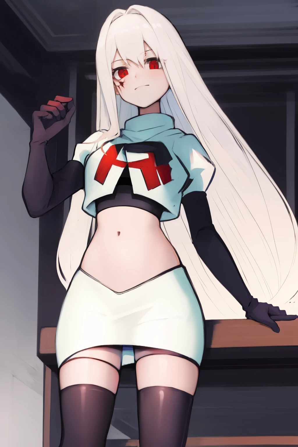 Masterpiece, Detailed, High quality, (absurdist), High Sharpness, High resolution, maiddoll, 1girls, Solo, team rocket,team rocket uniform, red letter R, white skirt,white crop top,black thigh-highs, black elbow gloves,