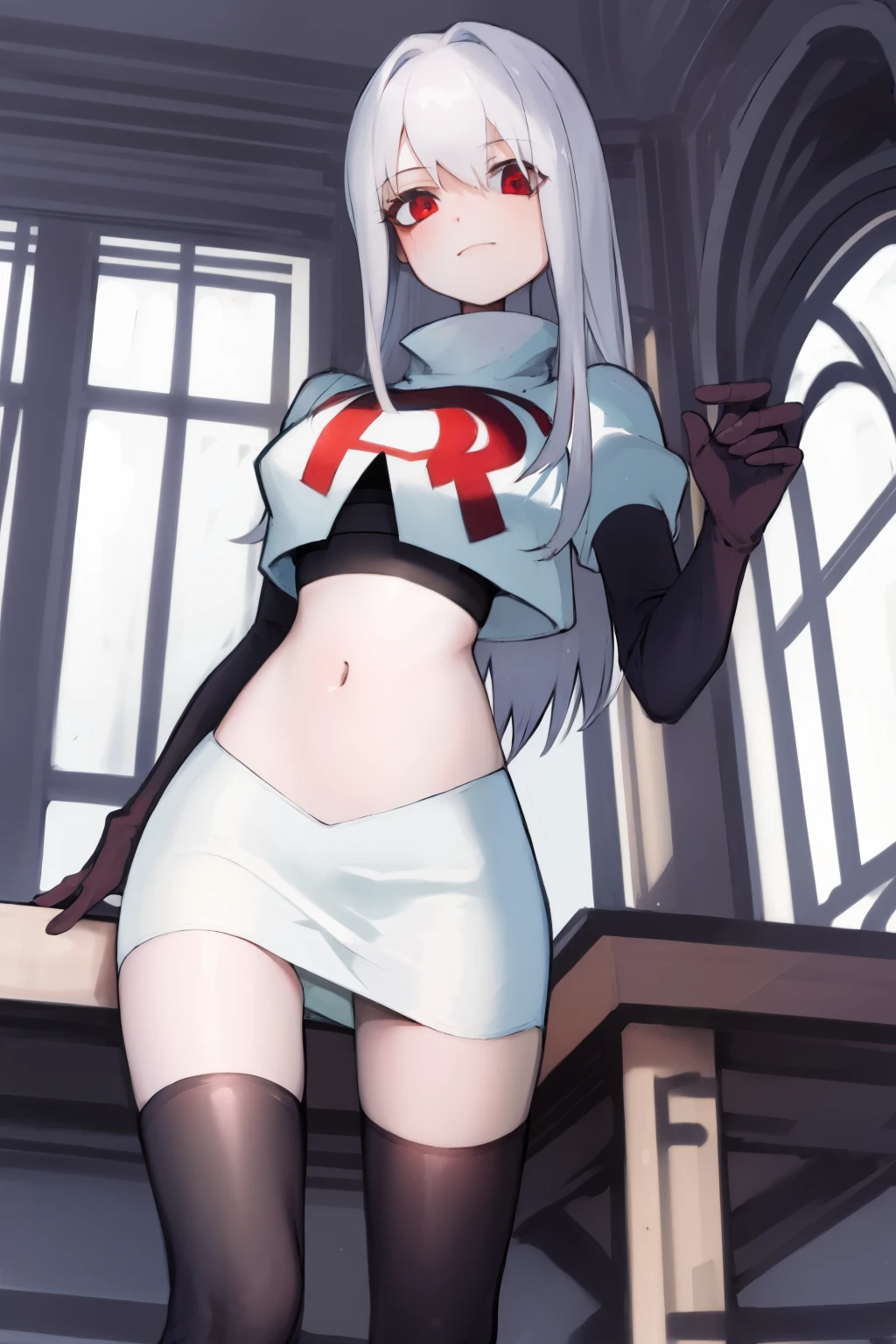 (masterpiece, best quality:1.2),illustration,8k,hd,1girl,solo,long_hair,hat,white hat,white_hair,peaked_cap,purple_eyes,breasts,shirt,very_long_hair,large_breasts,zettai_ryouiki,military_hat,bangs,hair_between_eyes,team rocket,team rocket uniform,white skirt,red letter R,crop top,black thigh-highs,black elbow gloves,blush,