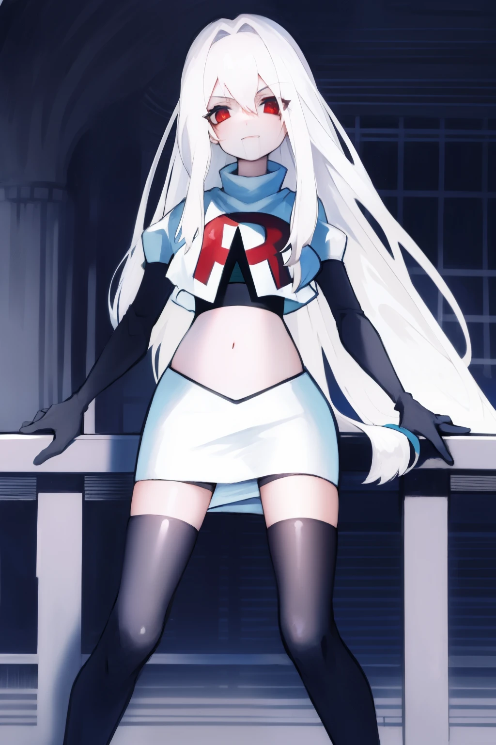 def_azura, yellow eyes ,1girl,team rocket,team rocket uniform, red letter R, white skirt,white crop top,black thigh-high boots ,black elbow gloves, evil smile, looking down on viewer, sitting down ,legs crossed, night sky background