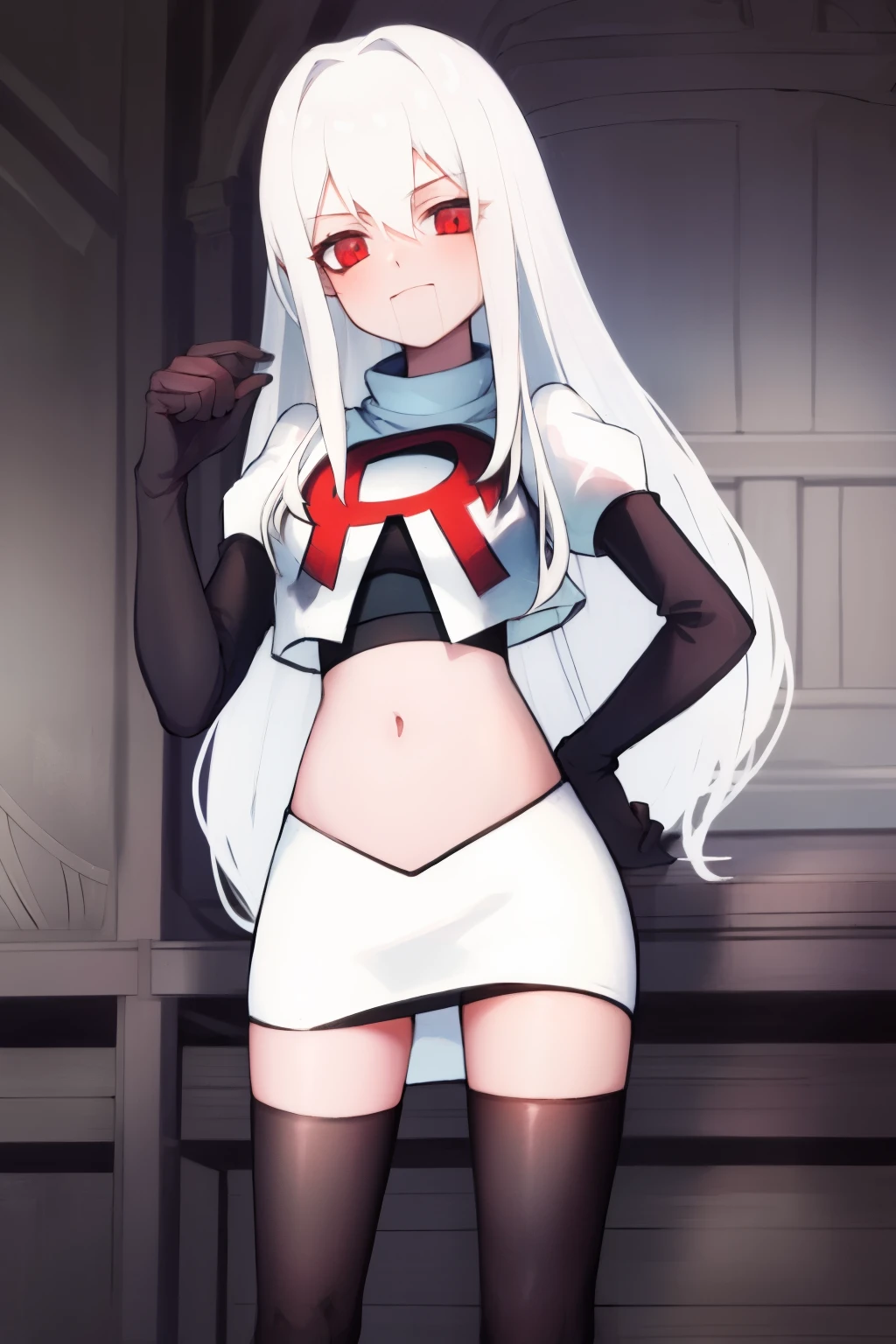 Masterpiece, Detailed, High quality, (absurdist), High Sharpness, High resolution, maiddoll, 1girls, Solo, team rocket,team rocket uniform, red letter R, white skirt,white crop top,black thigh-highs, black elbow gloves,