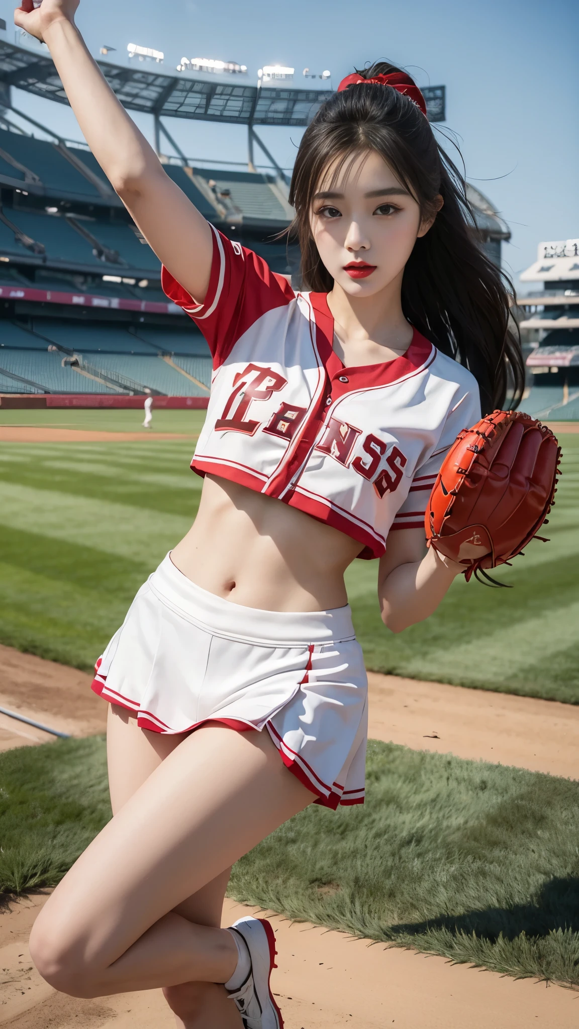 Beautiful girl, Korean makeup, Red lips, medium body, medium chest, femoral, baseball cheerleader outfit, jumping position, stadium landscape