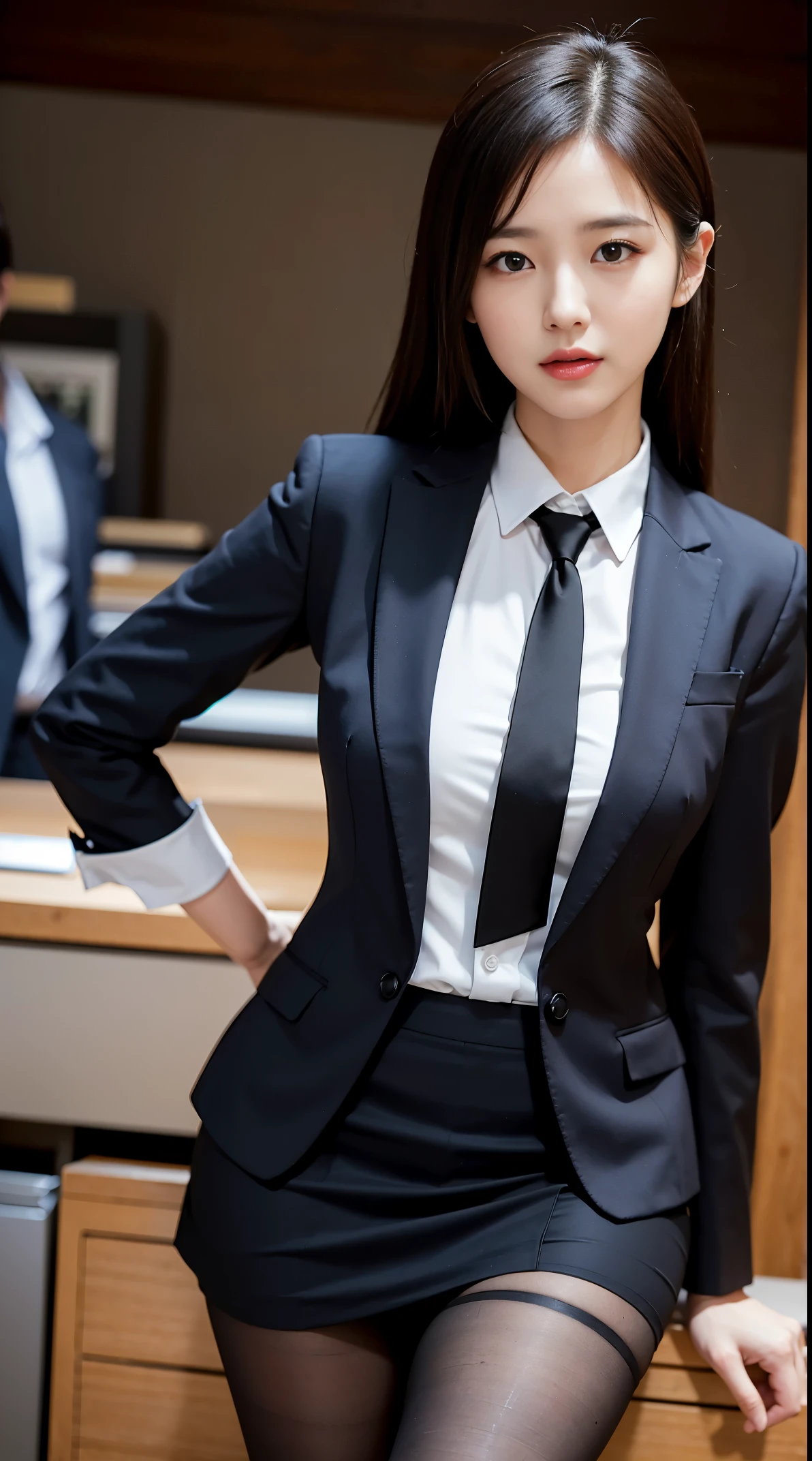 High-class elite secretary in a business shirt, working in office、엄격한 in a business suit, Wearing pantyhose、Wear high-quality heels、 girl wearing shirt, Wearing a business suit, Wearing a business suit, in a business suit, businesswoman, business clothes, 검은색 in a business suit, Wear a shirt and skirt, Woman in business suit, business attire, business attire, RAW photos, (8 thousand、top quality、masterpiece:1.2)、(intricate details:1.4)、(realistic:1.4)、octane rendering、Complex 3D rendering, ultra-detail, Studio Soft Light, Rim Light, vivid details, super detailing, realistic skin texture, Detail face, Beautiful eye for detail, Highly detailed CG Unity 16k wallpaper, assembly, (detailed background:1.2), exposed thighs!!!,