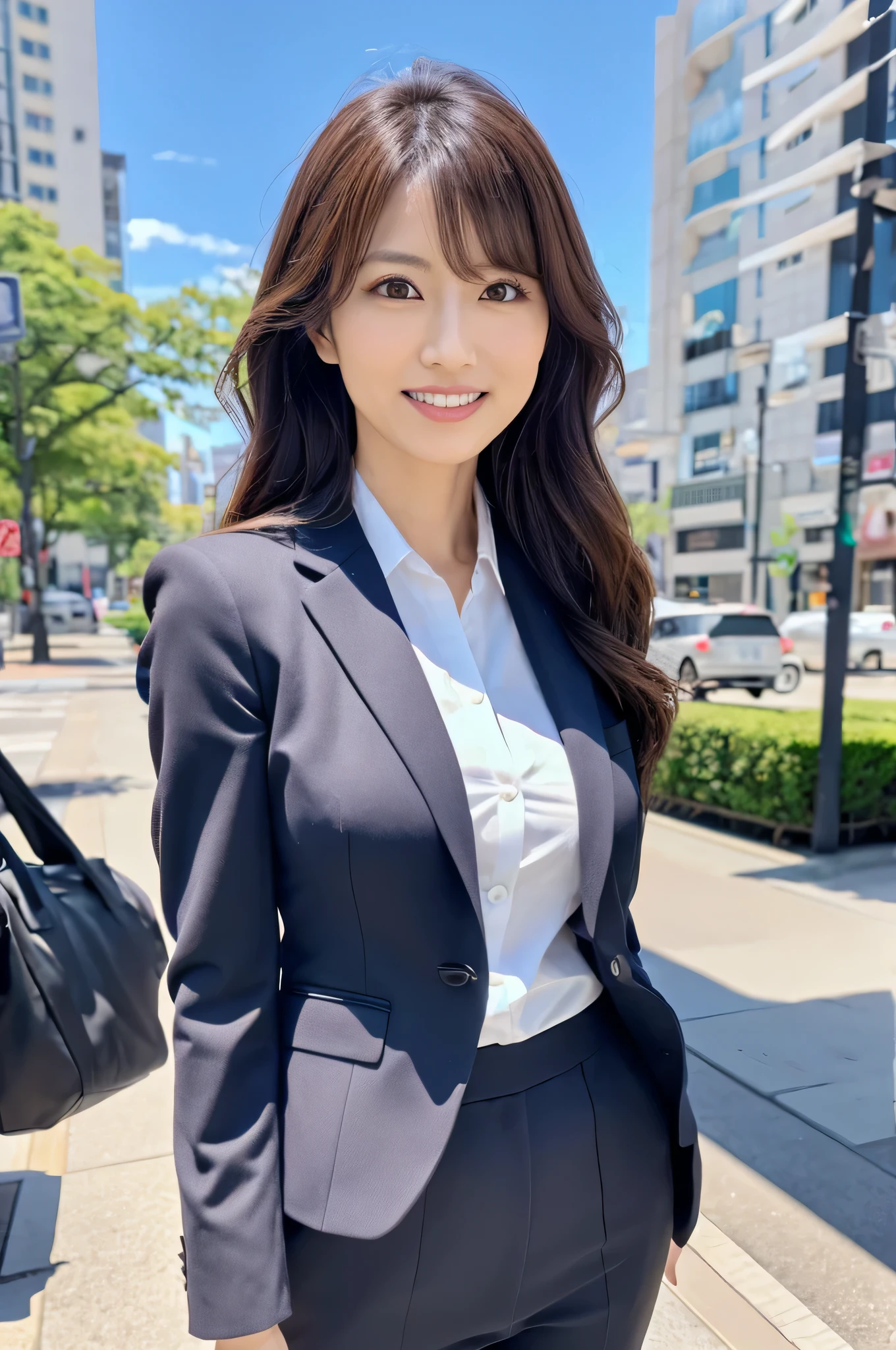 Highest resolution, 4K, Masterpiece: 1.3), A Japanese milf, Sexy: 1.1, fine eyes, Slender figure, Realistic teeth, double eyelids, full body, best quality, detailed, business suits, at the city