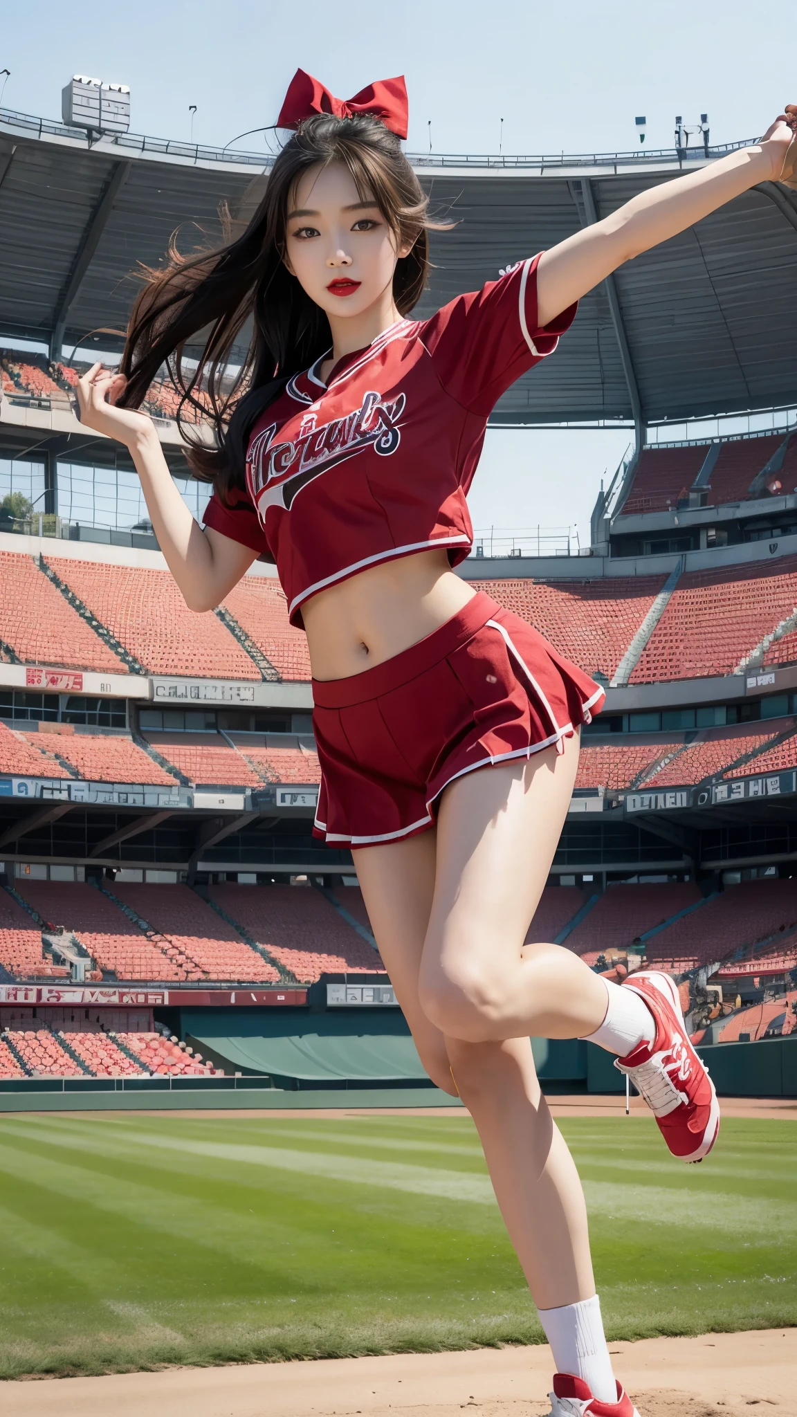 Beautiful girl, Korean makeup, Red lips, medium body, medium chest, femoral, baseball cheerleader outfit, jumping position, stadium landscape