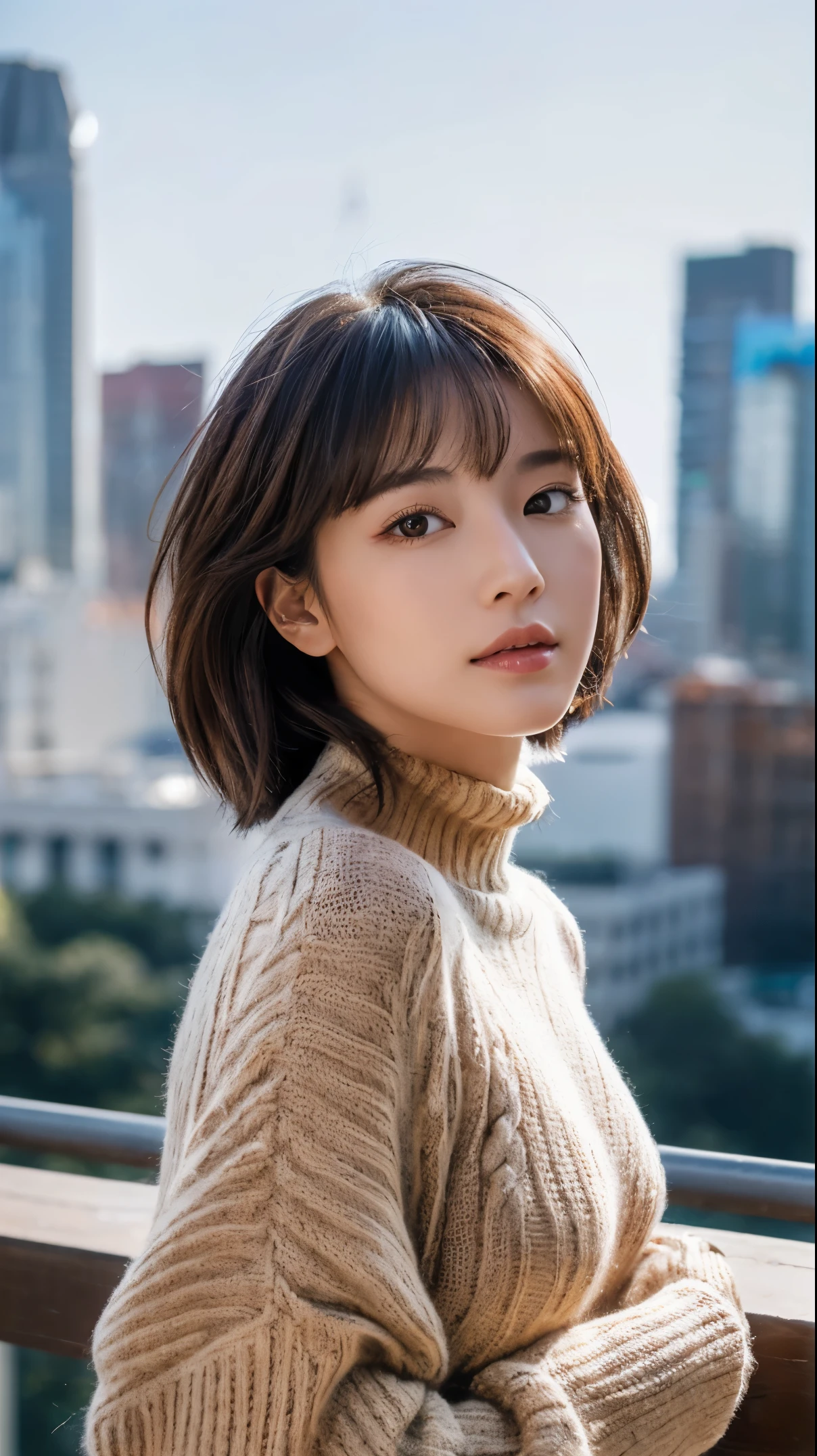 (highest quality、8K、32K、masterpiece、nffsw:1.2)、photo of cute japanese woman、medium breasts、(wolf cut)、(Semi-long dark brown hair),full body shot、surface focus、((High-neck sweater with exposed shoulders))、necklace、From above、When I look at the viewer, I see a very delicate face., skin and hair,muscular,Slender,High Style,High level image quality、city background、gentle eyes、((dynamic shadow))((Against the background of the holiday city))