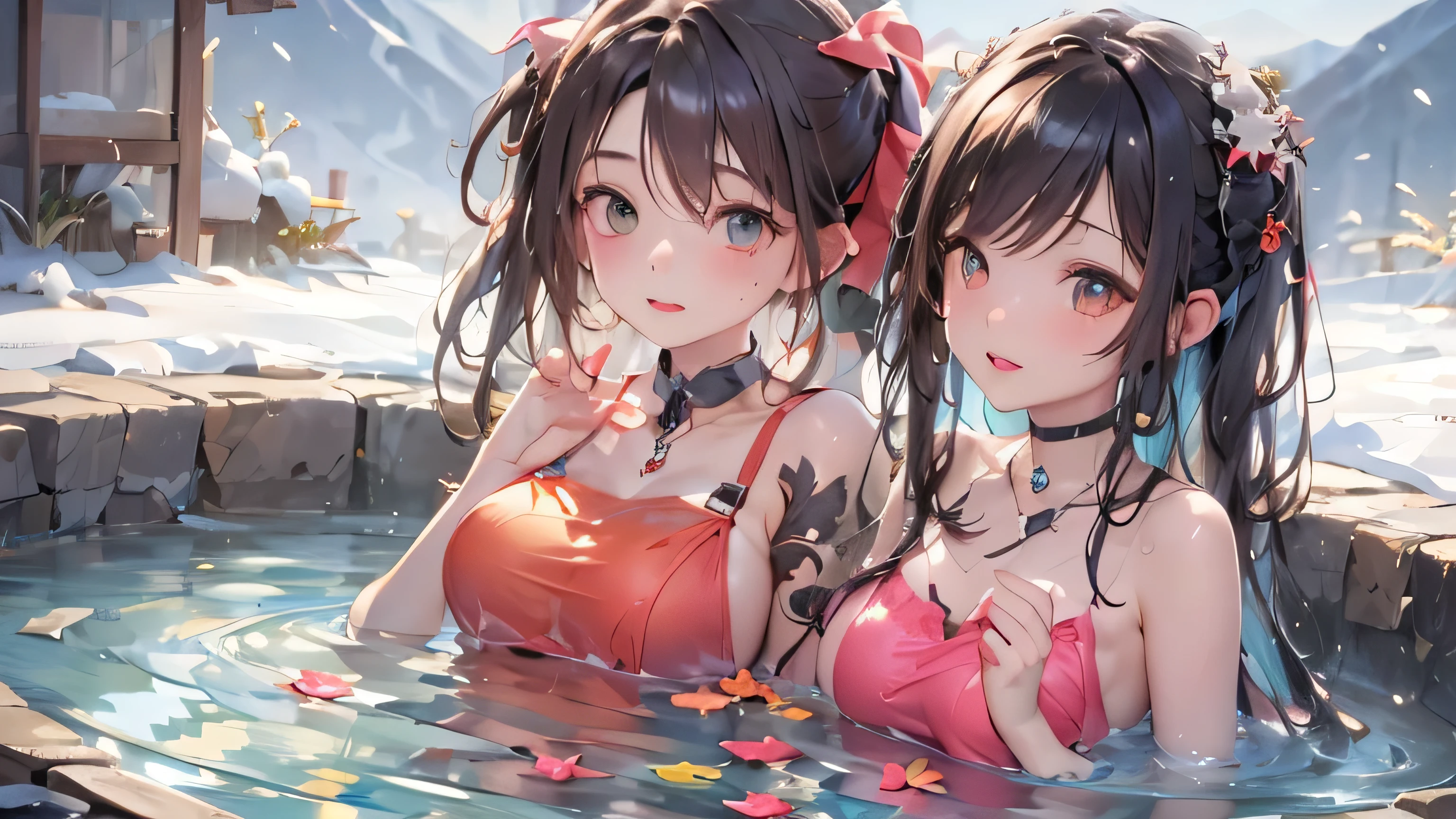 (high quality,8K quality,High resolution,muste piece:1.3),(Three women soaking in a hot spring), (towel,choker),(Soak in a warm hot spring，vaporと静けさに囲まれて，Enjoy the healing hot springs),(full of sweat:1.2),open-air bath,steam,vapor,background(snow mountain, sunrise:1.3),(Wet clothes stuck to my skin,Nipples are visible through clothing,My butt is visible through my clothes.),(detailed perfect face),(young skinny gravure idol, sophisticated gravure idol),(detailed perfect face),normal hands,normal finger,normal foot,(cameltoe, camel toe)