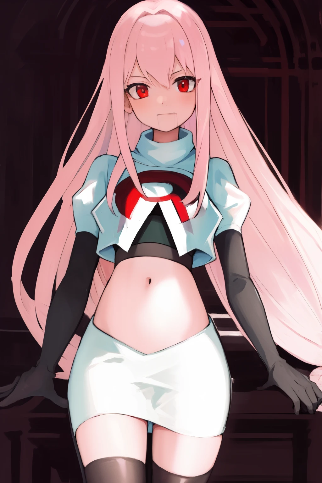 Masterpiece, Detailed, High quality, (absurdist), High Sharpness, High resolution, maiddoll, 1girls, Solo, light pink hair,team rocket,team rocket uniform, red letter R, white skirt,white crop top,black thigh-highs, black elbow gloves,