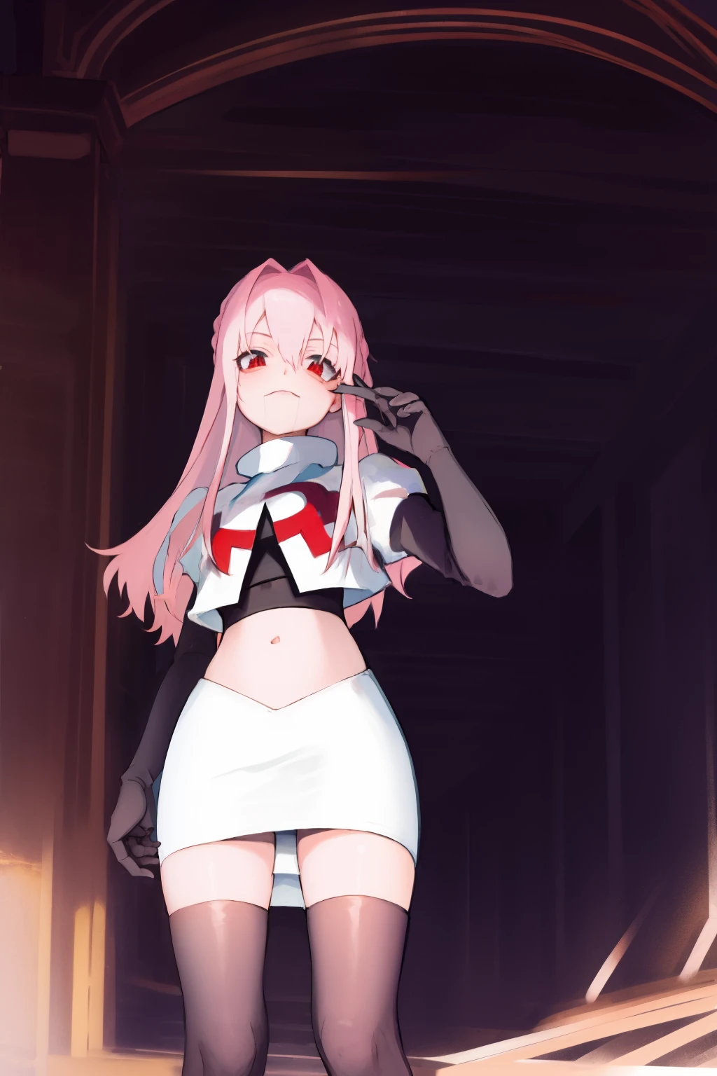 Masterpiece, Detailed, High quality, (absurdist), High Sharpness, High resolution, maiddoll, 1girls, Solo, light pink hair,team rocket,team rocket uniform, red letter R, white skirt,white crop top,black thigh-highs, black elbow gloves,