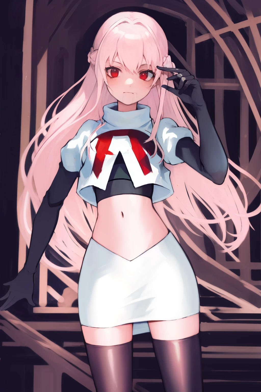 Masterpiece, Detailed, High quality, (absurdist), High Sharpness, High resolution, maiddoll, 1girls, Solo, light pink hair,team rocket,team rocket uniform, red letter R, white skirt,white crop top,black thigh-highs, black elbow gloves,