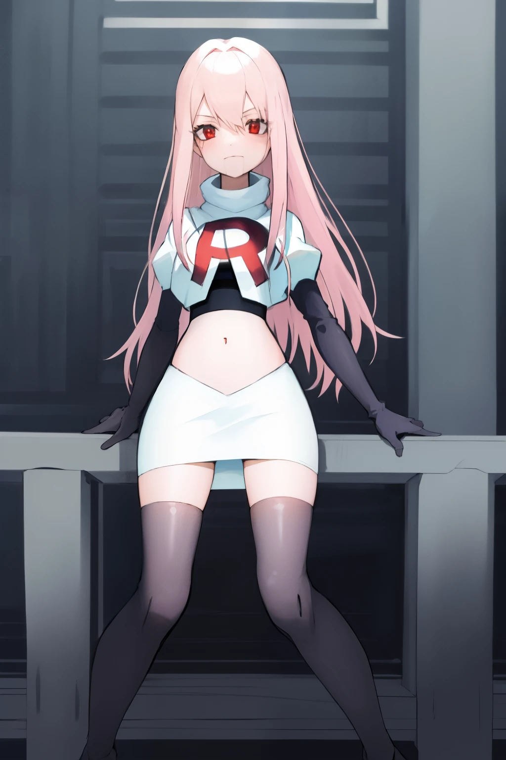 Masterpiece, Detailed, High quality, (absurdist), High Sharpness, High resolution, maiddoll, 1girls, Solo, light pink hair,team rocket,team rocket uniform, red letter R, white skirt,white crop top,black thigh-highs, black elbow gloves,