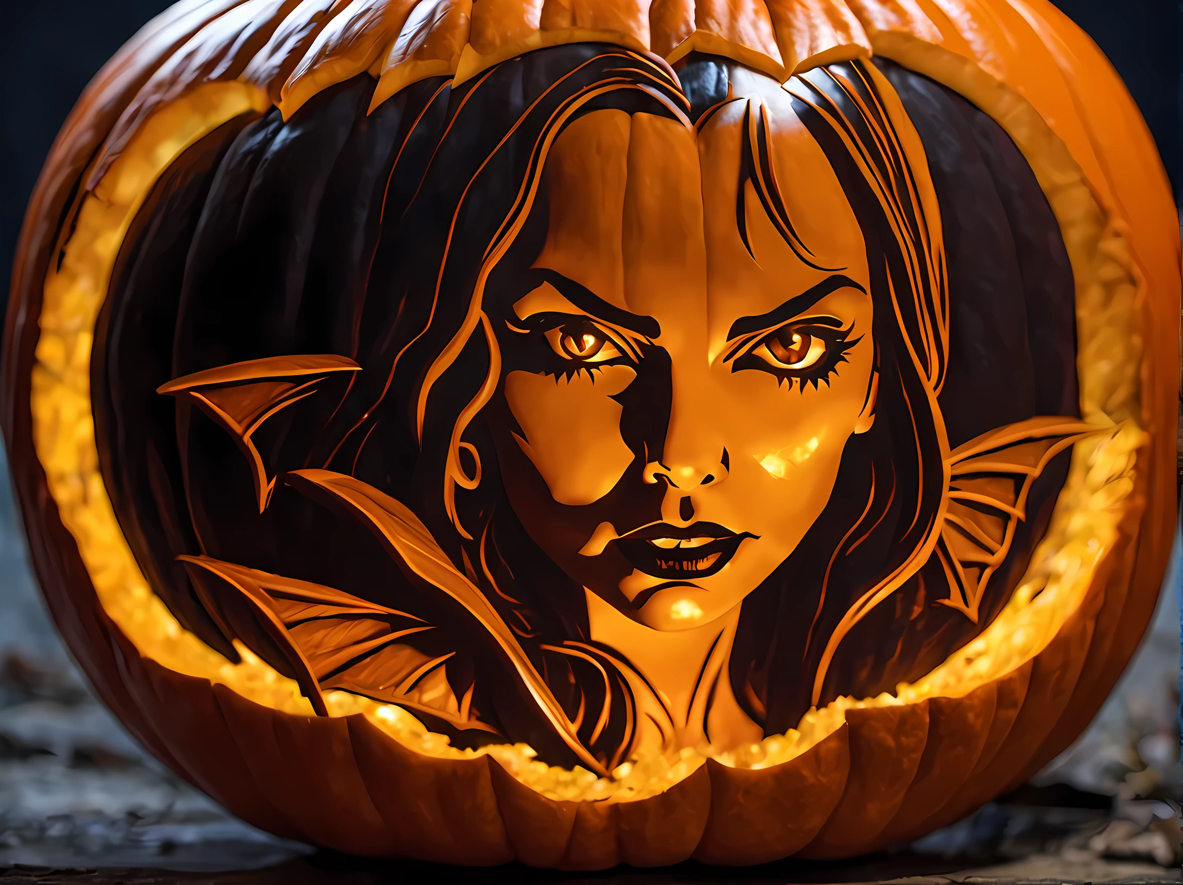 Pumpkin carved art of female vampire carved from pumpkin, glowing red eyes, reflection light, high details, best quality, 16k, [ultra detailed], masterpiece, best quality, (extremely detailed), close up, ultra wide shot, photorealistic, RAW, fantasy art, dnd art, fantasy art, realistic art,((best quality)), ((masterpiece)), (detailed), perfect face