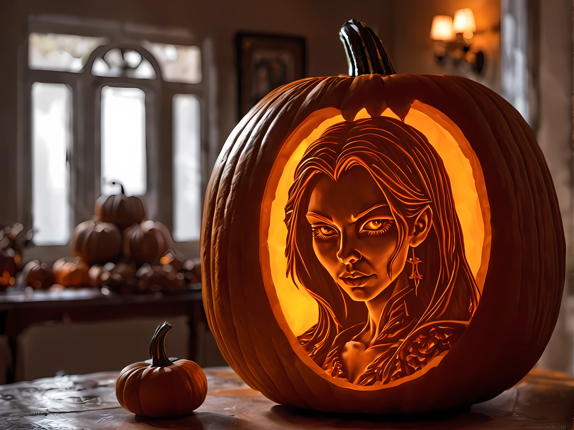 Pumpkin carved art of female vampire carved from pumpkin reflection light, high details, best quality, 16k, [ultra detailed], masterpiece, best quality, (extremely detailed), close up, ultra wide shot, photorealistic, RAW, fantasy art, dnd art, fantasy art, realistic art,((best quality)), ((masterpiece)), (detailed), perfect face