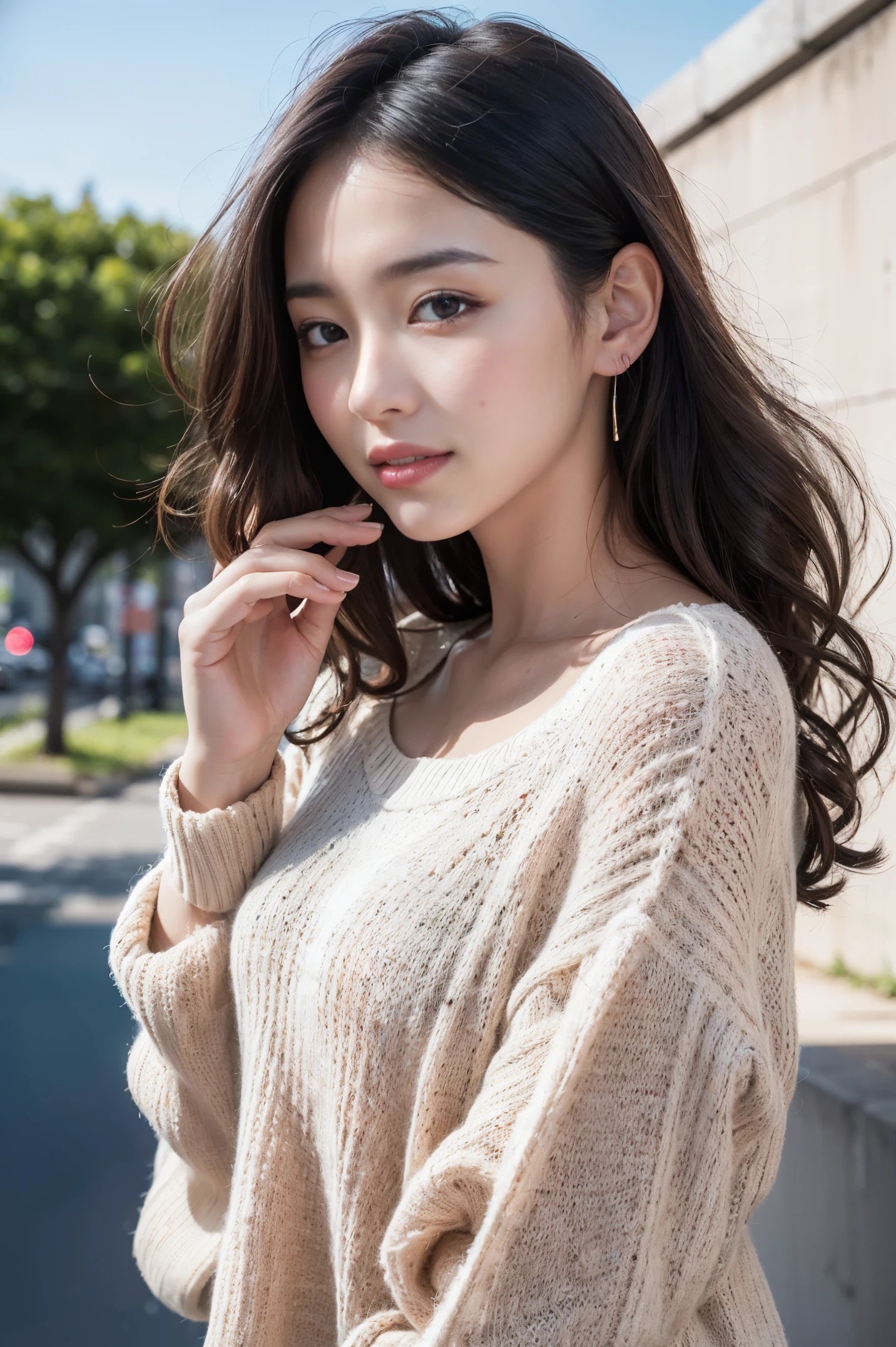 (8K,RAW photo、RAW photo、highest quality、master masterpiece:1.2)、super detailed、super resolution、(Photoreal:1.3)、Angle to shoot from the front、Clearly draw shades of light、High resolution RAW color photos、professional photos、Same skin quality as Japanese humane proofing from head to waist、blur the background、I draw it faithfully to the anatomy.、Cafe、very detailed and beautiful、Super high quality、length、Hair swaying and sexy、Highly detailed beautiful girl、(pink eyeshadow)、smile、Upper body、Park on a sunny day、Loosely curly hair、cotton sweater、distressed jeans