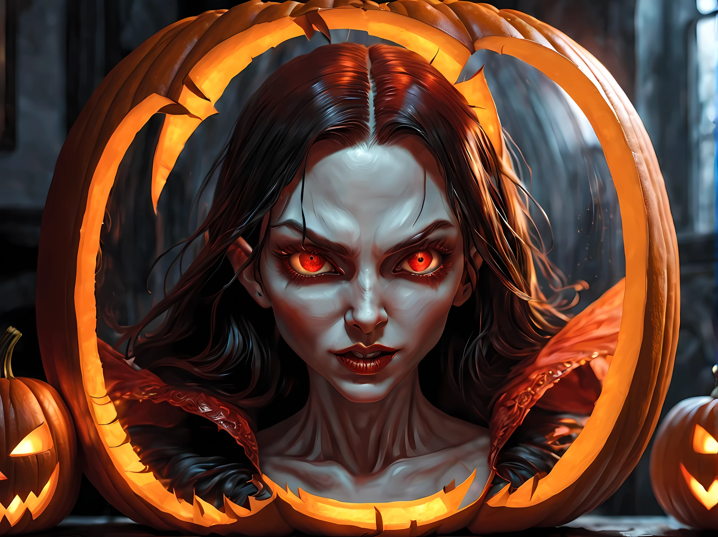 Pumpkin carved art of female vampire carved from pumpkin, glowing red eyes, reflection light, high details, best quality, 16k, [ultra detailed], masterpiece, best quality, (extremely detailed), close up, ultra wide shot, photorealistic, RAW, fantasy art, dnd art, fantasy art, realistic art,((best quality)), ((masterpiece)), (detailed), perfect face