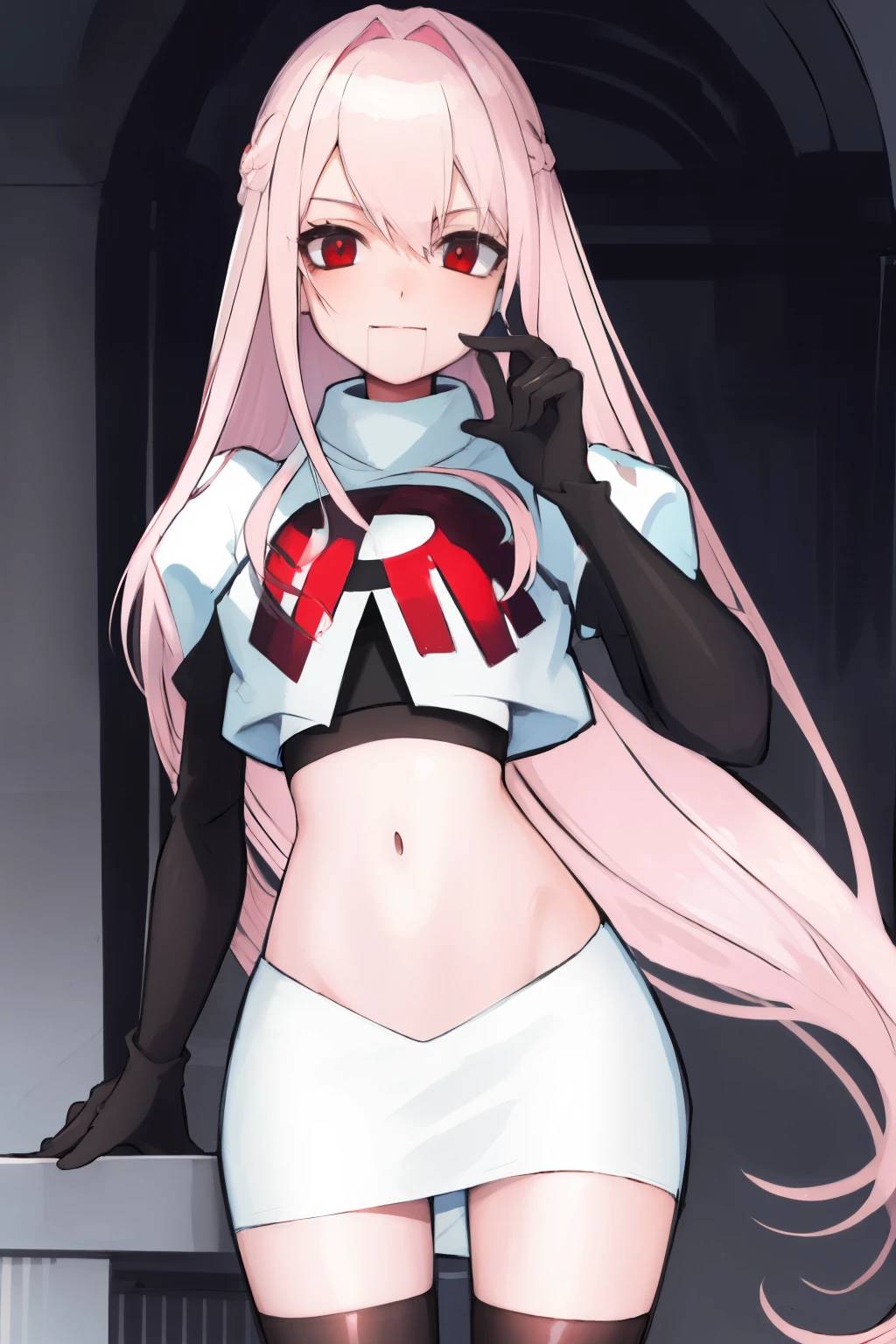 Masterpiece, Detailed, High quality, (absurdist), High Sharpness, High resolution, maiddoll, 1girls, Solo, light pink hair,team rocket,team rocket uniform, red letter R, white skirt,white crop top,black thigh-highs, black elbow gloves,