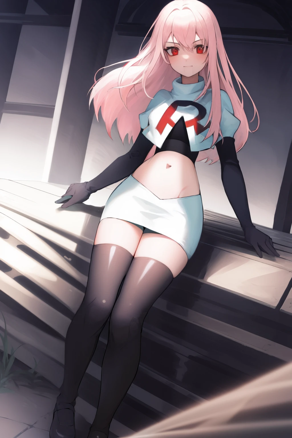 Masterpiece, Detailed, High quality, (absurdist), High Sharpness, High resolution, maiddoll, 1girls, Solo, light pink hair,team rocket,team rocket uniform, red letter R, white skirt,white crop top,black thigh-highs, black elbow gloves,