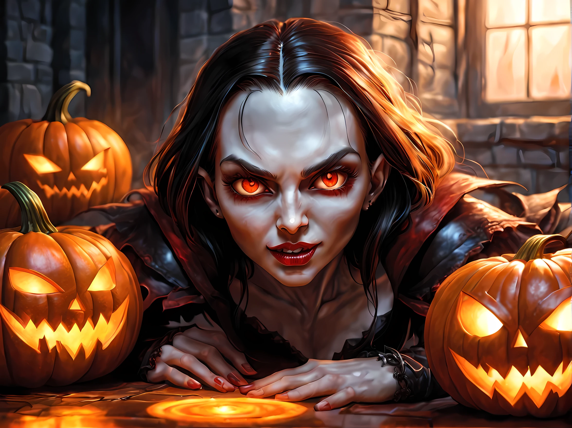 Pumpkin carved art of female vampire carved from pumpkin, glowing red eyes, reflection light, high details, best quality, 16k, [ultra detailed], masterpiece, best quality, (extremely detailed), close up, ultra wide shot, photorealistic, RAW, fantasy art, dnd art, fantasy art, realistic art,((best quality)), ((masterpiece)), (detailed), perfect face