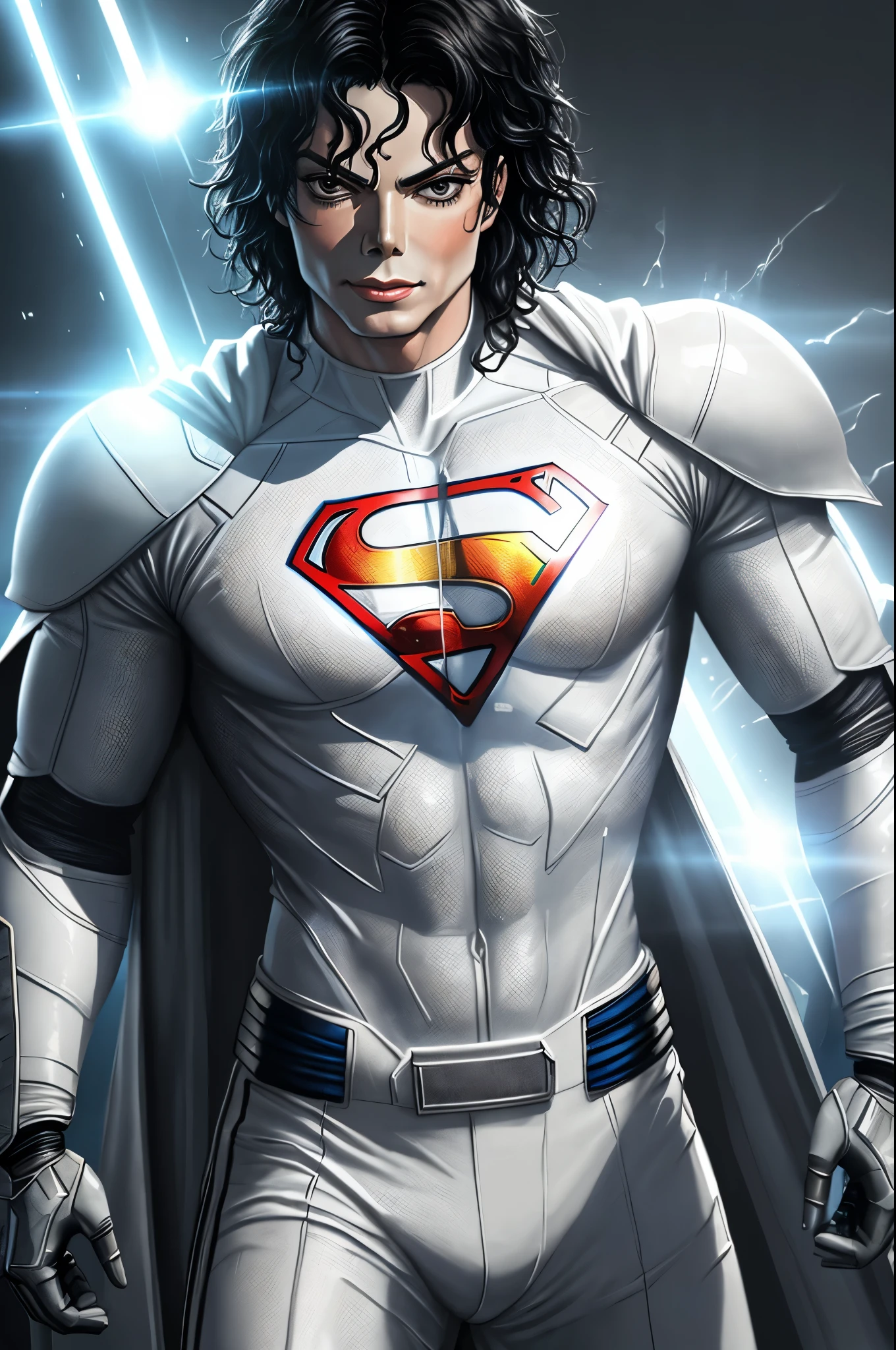 close-up of Michael Jackson with an oily face, in a white Superman cybernetic outfit with the Super-Man logo, on a gray background, hyper realistic style, with oily paint, 8k.