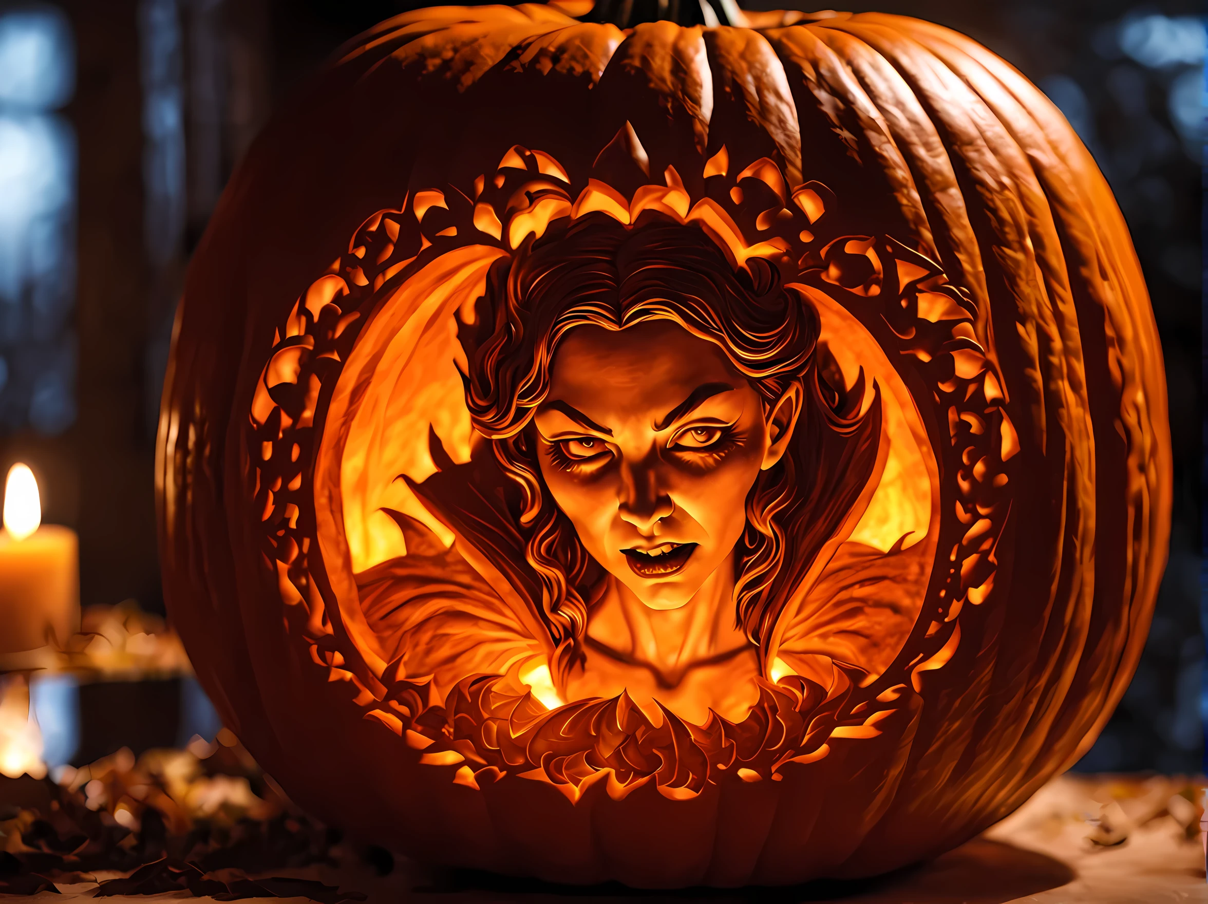 Pumpkin carved art of female vampire carved from pumpkin, glowing red eyes, reflection light, high details, best quality, 16k, [ultra detailed], masterpiece, best quality, (extremely detailed), close up, ultra wide shot, photorealistic, RAW, fantasy art, dnd art, fantasy art, realistic art,((best quality)), ((masterpiece)), (detailed), perfect face