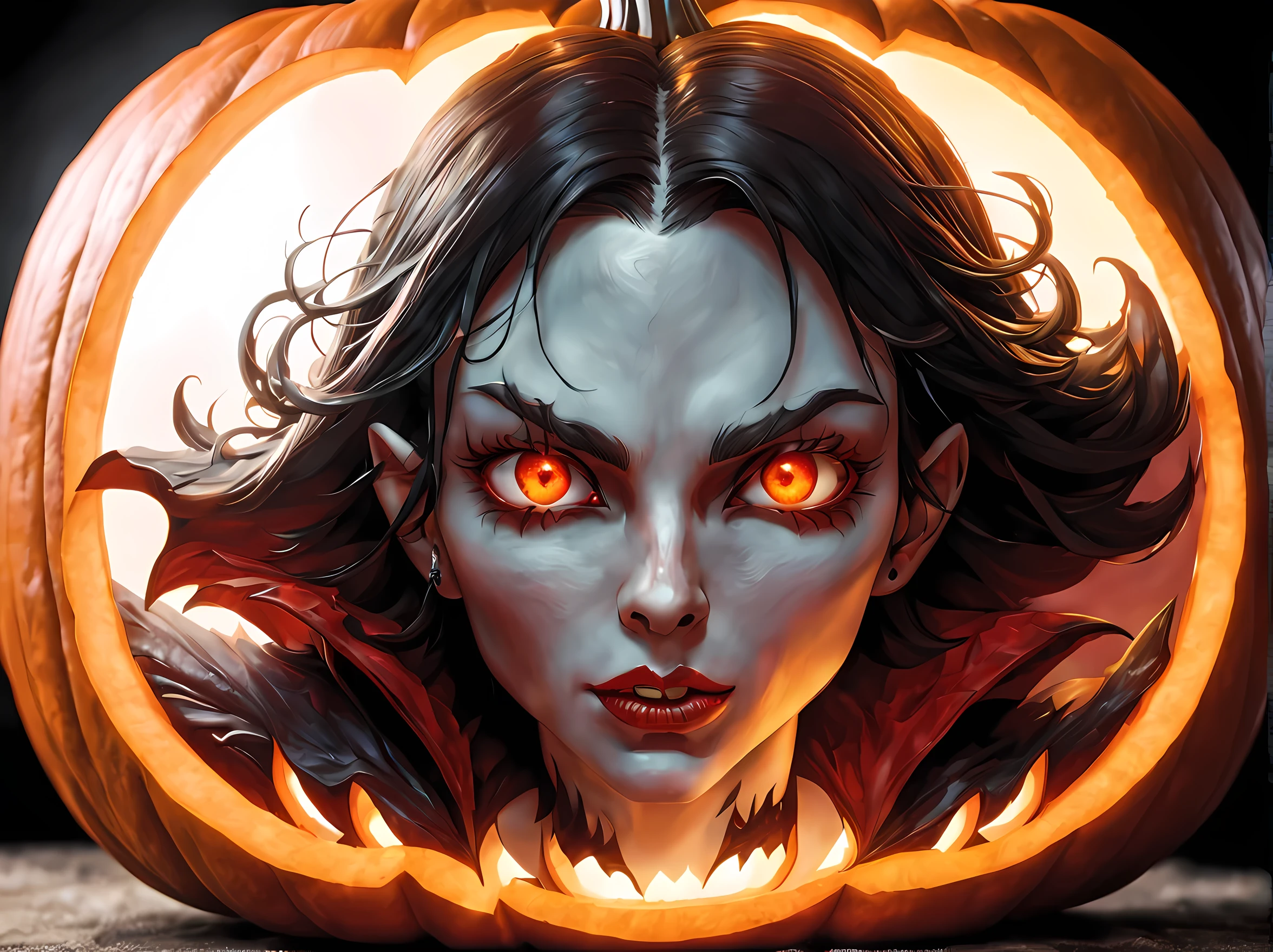 Pumpkin carved art of female vampire carved from pumpkin, glowing red eyes, reflection light, high details, best quality, 16k, [ultra detailed], masterpiece, best quality, (extremely detailed), close up, ultra wide shot, photorealistic, RAW, fantasy art, dnd art, fantasy art, realistic art,((best quality)), ((masterpiece)), (detailed), perfect face