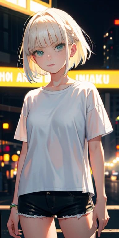 masterpiece, highest quality, NSFW, 1 girl, platinum blonde hair, short hair, green eyes, Braid, small perky breasts, on the road, night, neon light, white t-shirt, No bra, black pants, poker face, Front view, Are standing, in the crowd,