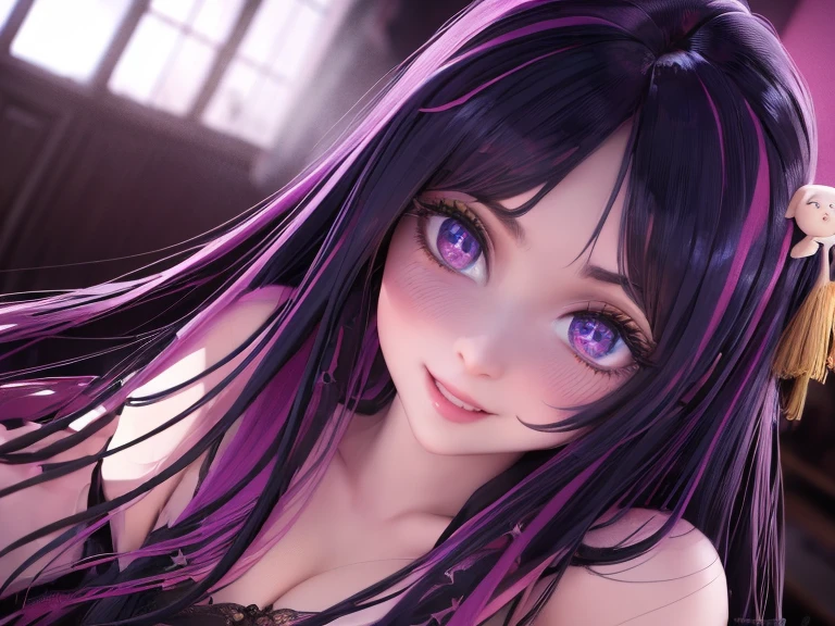 hoshino Ai, long hair, purple hair, streaked hair ,purple eyes, star-shaped pupils, hair ornament, star-shaped pupils, pink beautifull dress, full body, wide shot, legs focus, (1 girl), (masterpiece, best quality:1.4), 1girl, solo, sfw, stunning girlfriend, (standing:1.1), highly detailed skin, skin pores, subsurface scattering, medium breast, loving smile, looking at viewer, full lips, detailed background, depth of field, atmospheric perspective, volumetric lighting, sharp focus, absurdres, realistic proportions, good anatomy, (realistic, hyperrealistic:1.4), 16k hdr,