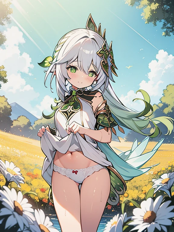 Light_spill,full bloom,strong rimlight,lenlare,Detailed light,Depth of field,on a grassy field,hilltop,breeze,beautiful detailed glow,Beautiful detailed sky,Sea,Looking_at_Viewers,((Wet clothes)),Panties,finedetail,Best quality,Ultra detailed,incredibly_absurdereest Illustration),(An extremely delicate and beautiful),(A high resolution),(8K_the wallpaper),(Beautiful detailed girzinasterpiece),((Extremely detailed)),cute female child,,Solo,1girll,Focus_On_face,Sun,day,Laughing,Gradient_Background,Real,Light,(((shirts lift))),Undressing,Light blush,Blush,Anime face,Leg hold,Green eyes,navel,arm_supportive,White hair,Beautiful detailed,Beautiful and delicate water,River,Flowers,grove,Small breasts,full bodyesbian, bottomless