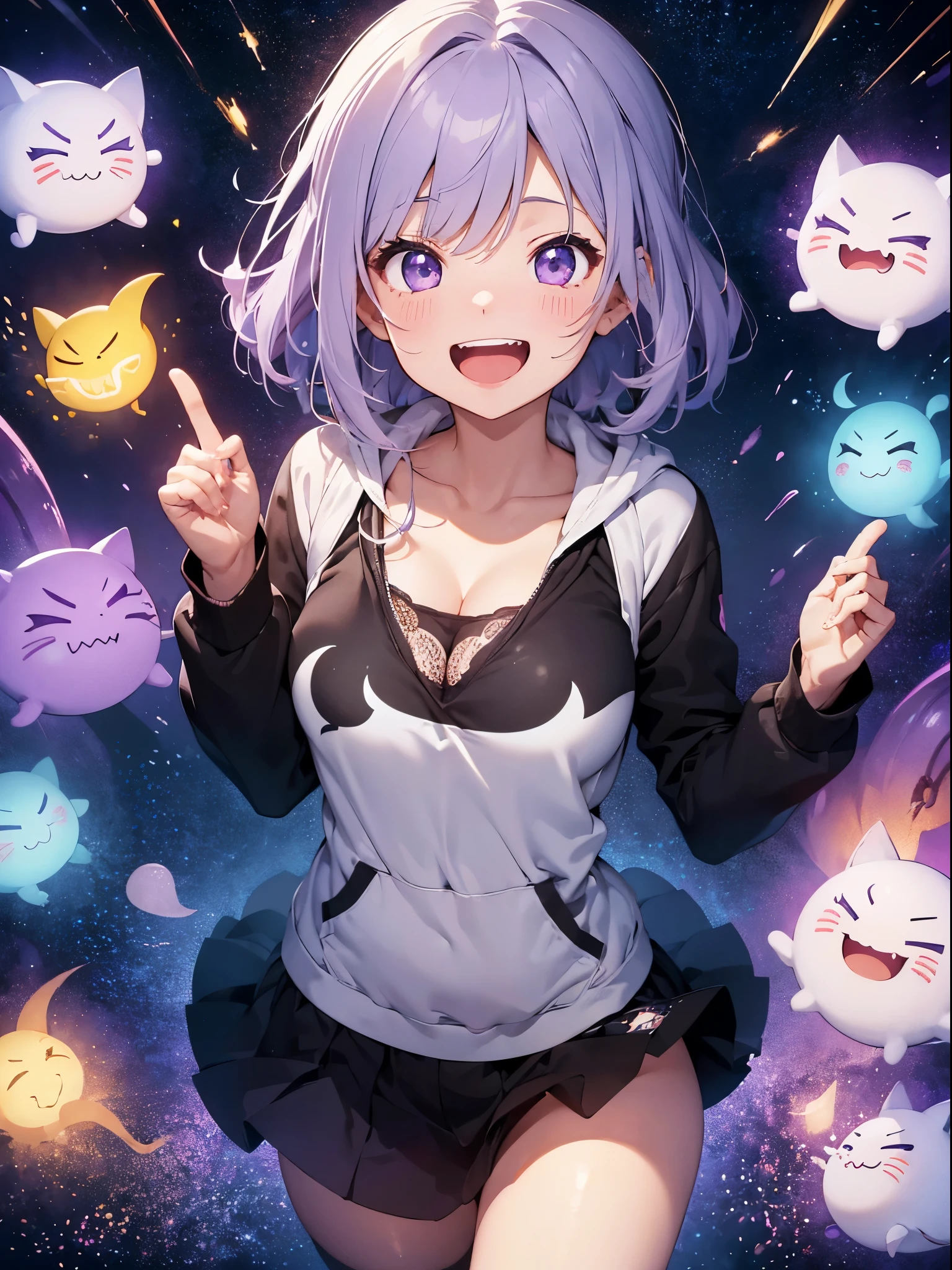 1 woman、(((laughter)))、reach climax:1.3, shortcut、table top、Bottoms are randomly generated、( Cat footprint illustration print hoodie )、dark white hair、long sideburns、Light purple eyes、background bokeh:1.5、Small cleavage、firework、night sky、Crescent Moon、raise your hand in greeting、cute ghosts