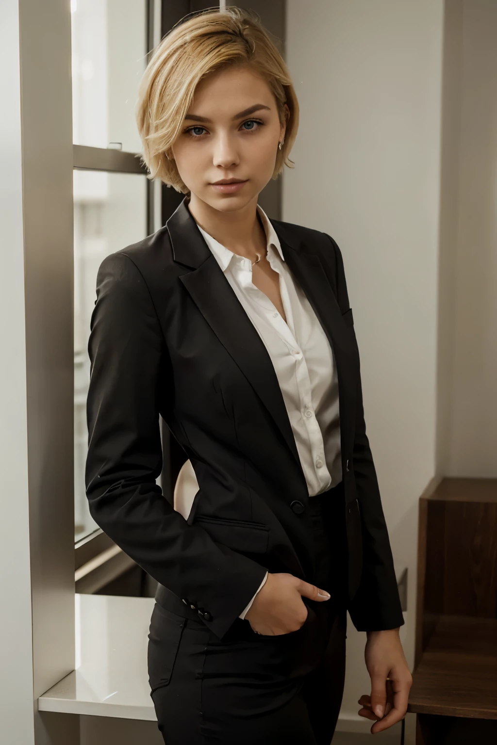 (8K, Best Quality, Masterpiece: 1.2), (Realistic, Photorealistic: 1.2), Cute, Solo, Beautiful Definition Sky, Night, Wet, Watching Viewer, (Sit: 1.5), Date, Future,
(nose brush), (smile: 1.15), (mouth closed) small breasts, fine beautiful eyes, (dark blonde: 1), (short hair: 1.1), floating hair NovaFrog style,
Gray blazer, button T-shirt, black mini skirt, makeup, (8k, RAW photo: 1.2),