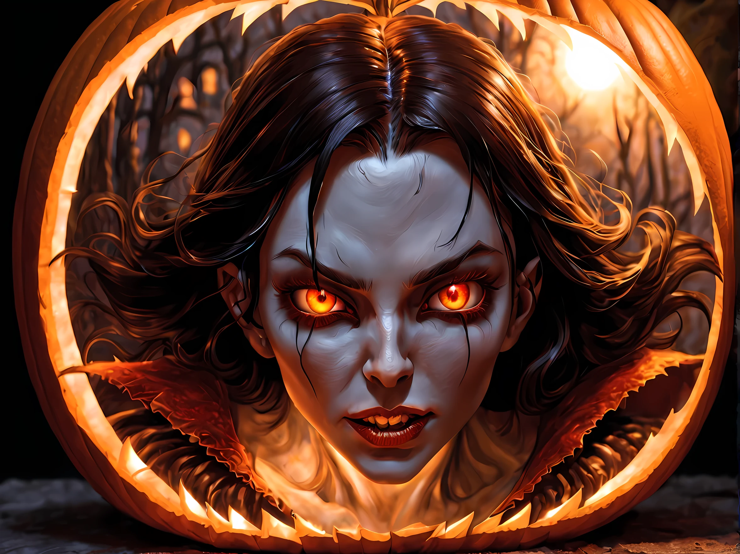 Pumpkin carved art of female vampire carved from pumpkin, glowing red eyes, reflection light, high details, best quality, 16k, [ultra detailed], masterpiece, best quality, (extremely detailed), close up, ultra wide shot, photorealistic, RAW, fantasy art, dnd art, fantasy art, realistic art,((best quality)), ((masterpiece)), (detailed), perfect face