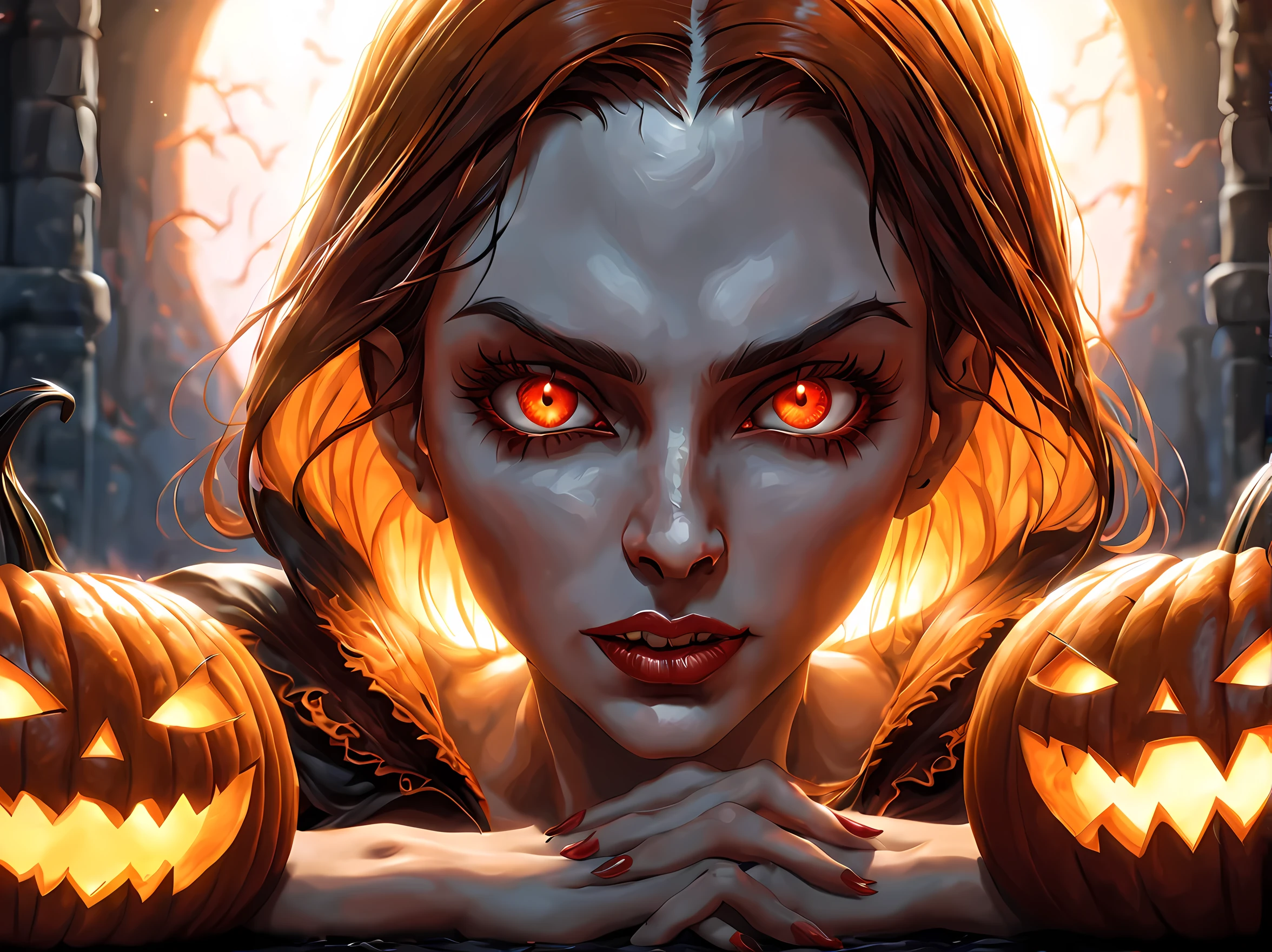 Pumpkin carved art of female vampire carved from pumpkin, glowing red eyes, reflection light, high details, best quality, 16k, [ultra detailed], masterpiece, best quality, (extremely detailed), close up, ultra wide shot, photorealistic, RAW, fantasy art, dnd art, fantasy art, realistic art,((best quality)), ((masterpiece)), (detailed), perfect face