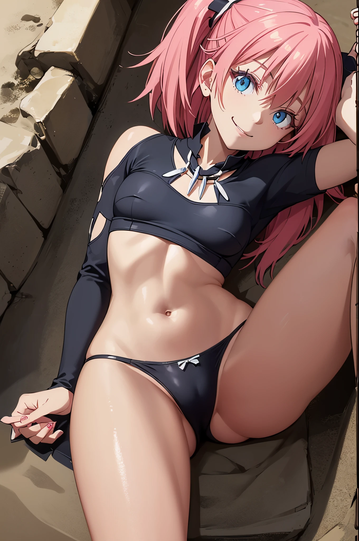 1 female、When you are reborn, I was a slime character(naked girl)、masterpiece、highest quality、Accurate、and soul、child of the devil、Eimei、美しく詳細なblue eyes、(((pink hair)))、both sides、tales proud doubles, (((She is wearing super short panties that only cover her breasts.、True to the original、((barefoot)), muscular belly, ((Beautiful muscular legs)), thick legs, (smile), On the beach under the scorching sun, bare chest, hiding the bare chest with your hands、(((detailed eyes、blue eyes)))High leg、Small swimsuit、